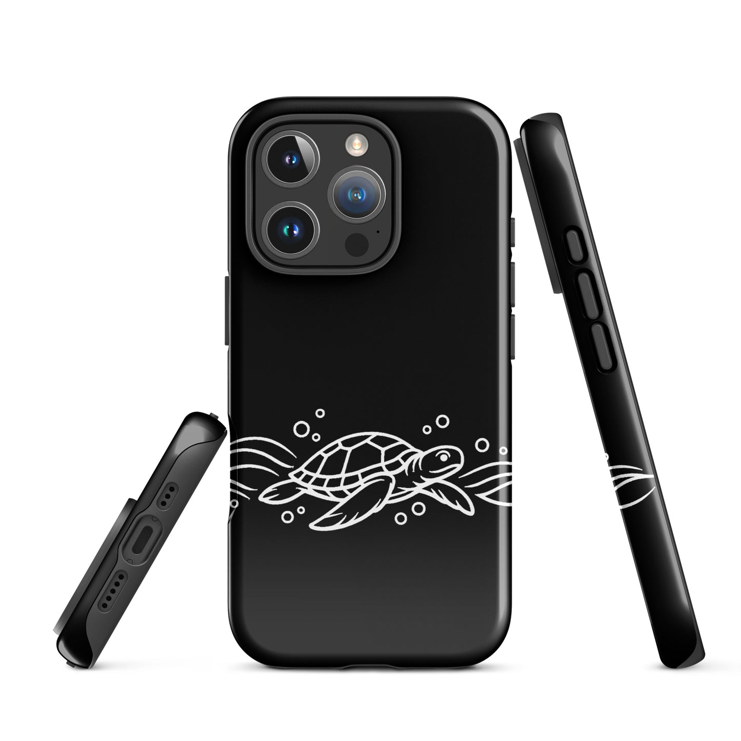 Phone Case for iPhone with minimalist sea turtle design and abstract waves, featuring a sleek black background and ocean-inspired art.