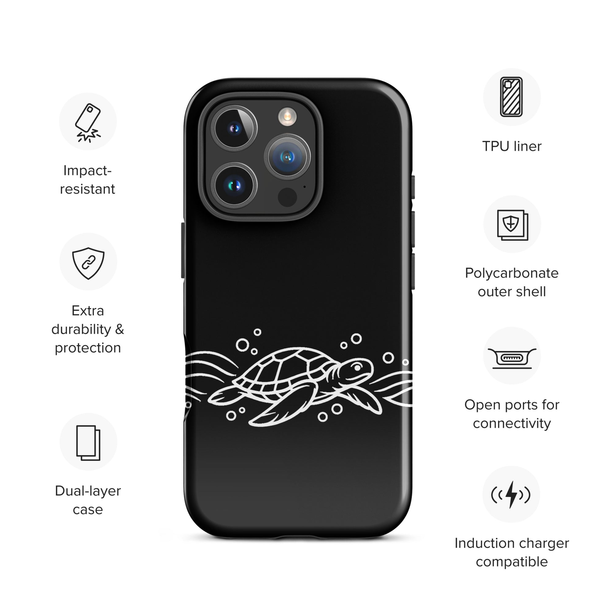 Phone Case for iPhone with minimalist sea turtle and abstract waves design, impact-resistant dual-layer, black background.