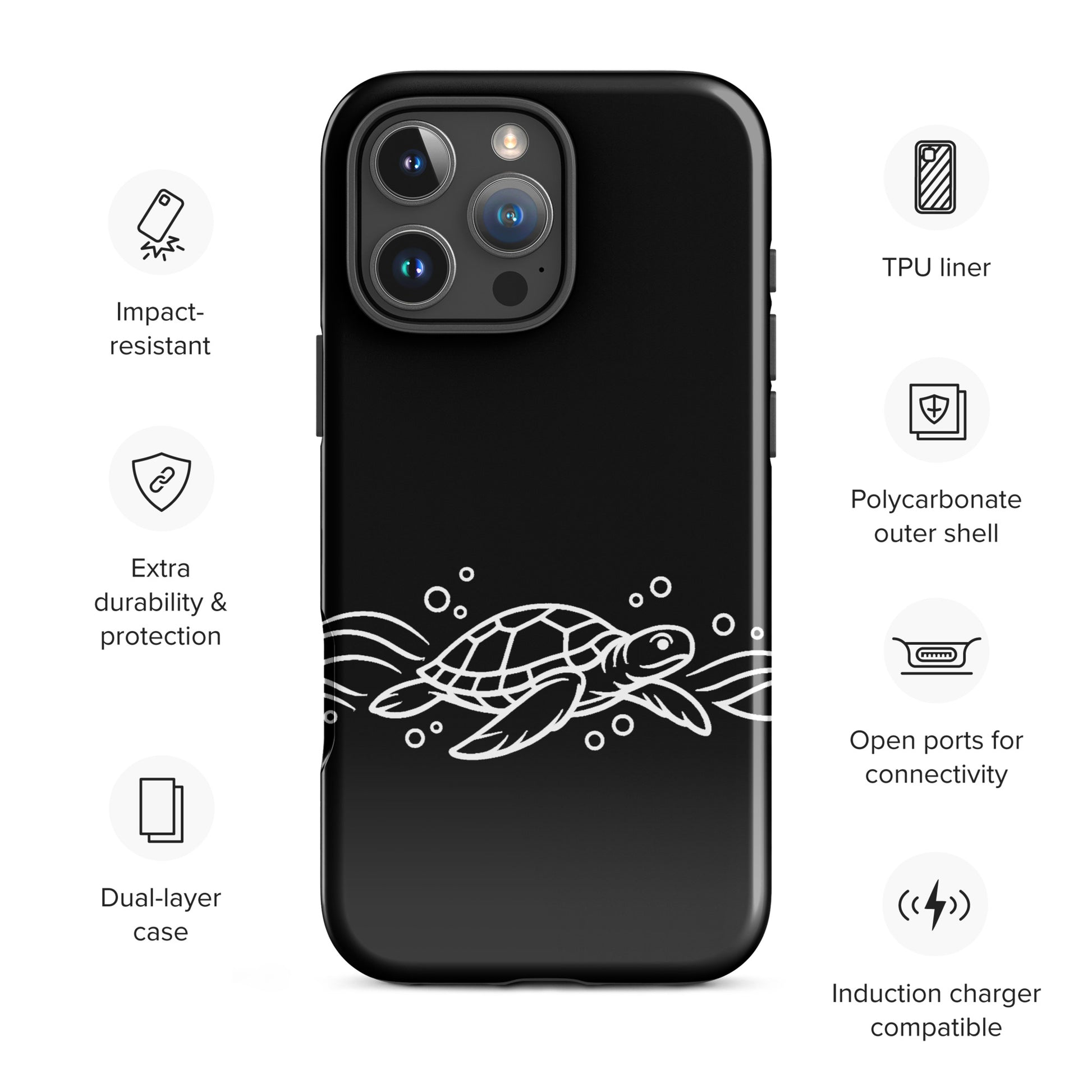 Phone Case for iPhone with minimalist sea turtle and abstract waves in black and white design, providing protection and style.