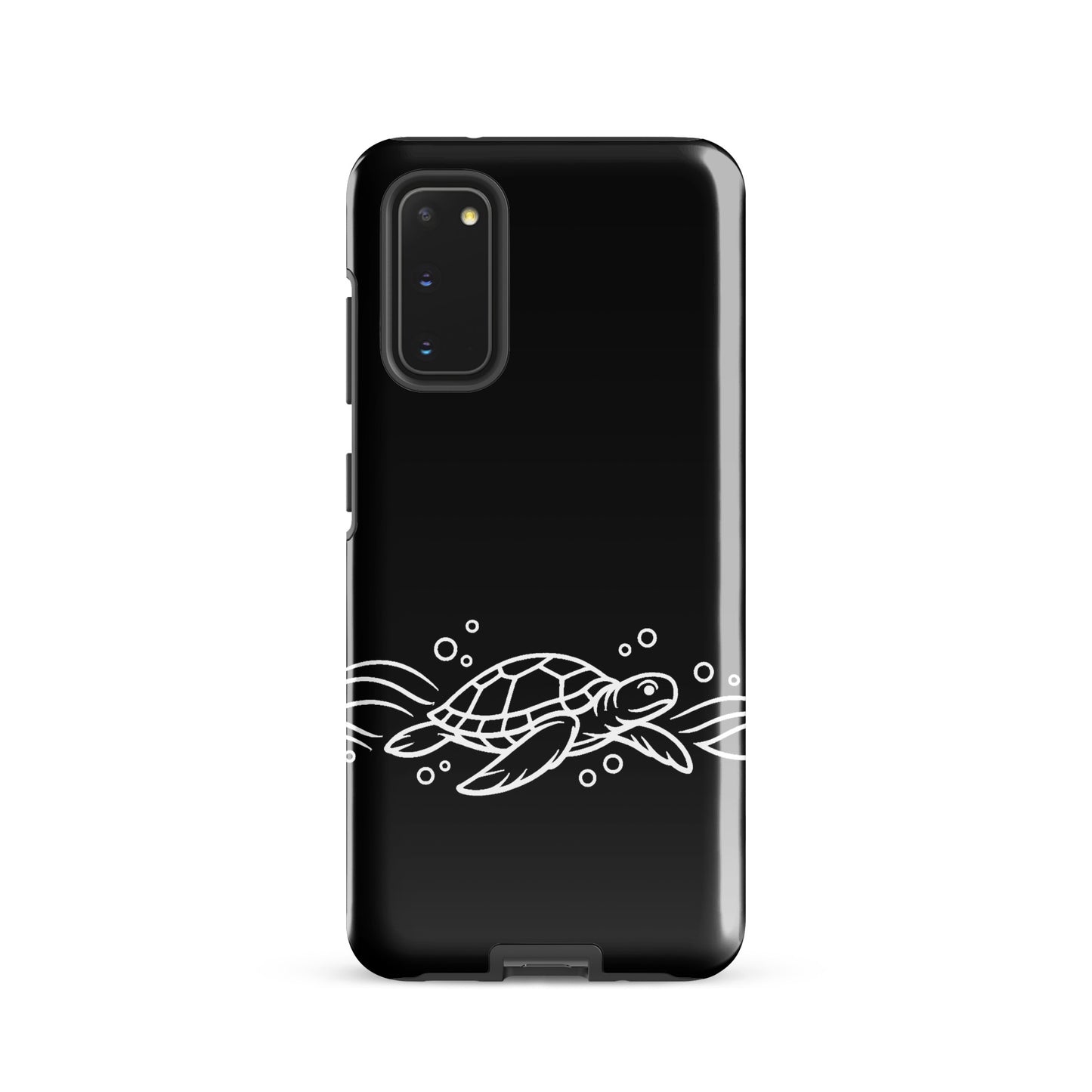 Phone Case for Samsung Galaxy with minimalist sea turtle design on black background.