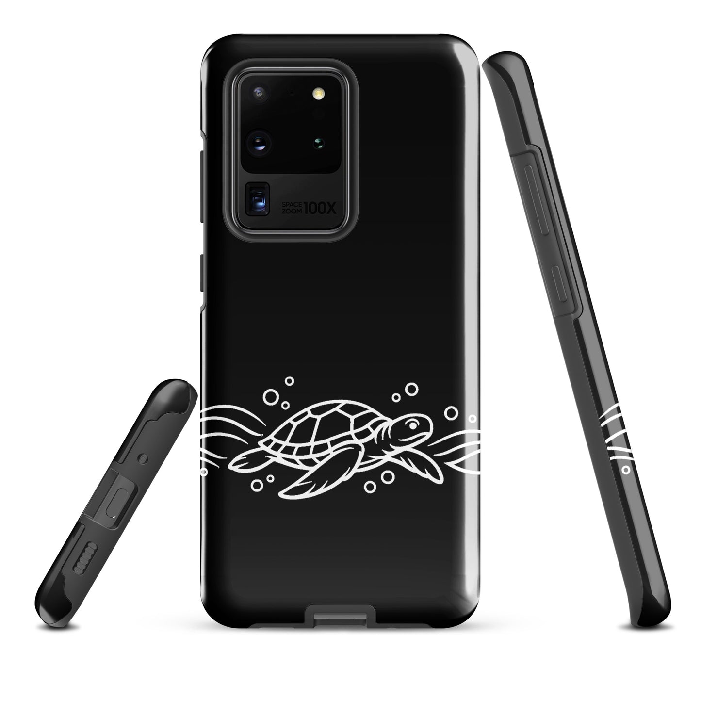 Phone Case for Samsung Galaxy featuring minimalist sea turtle with abstract waves design, marine life inspired black cover.