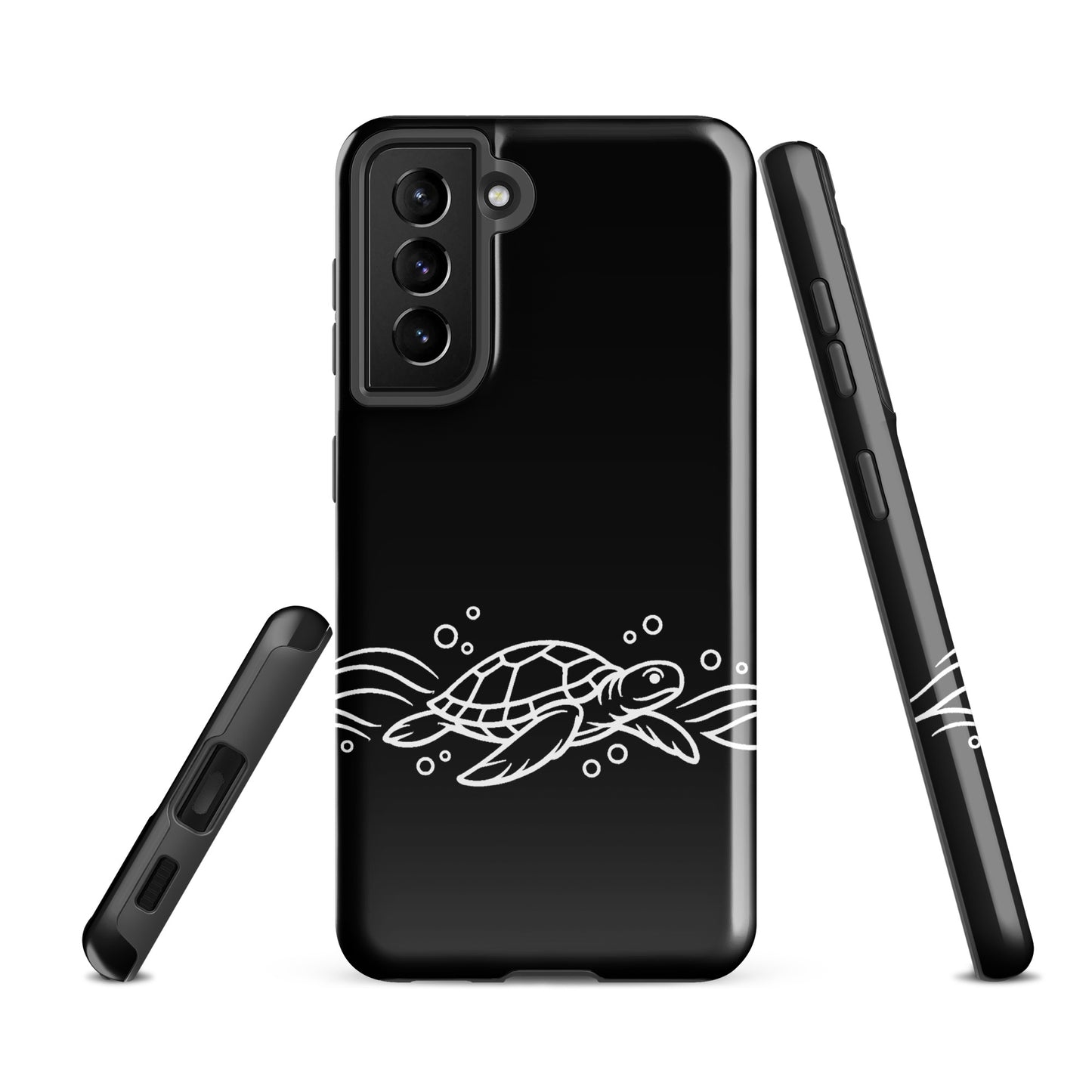 Phone Case for Samsung Galaxy with minimalist sea turtle and abstract waves design in black and white.