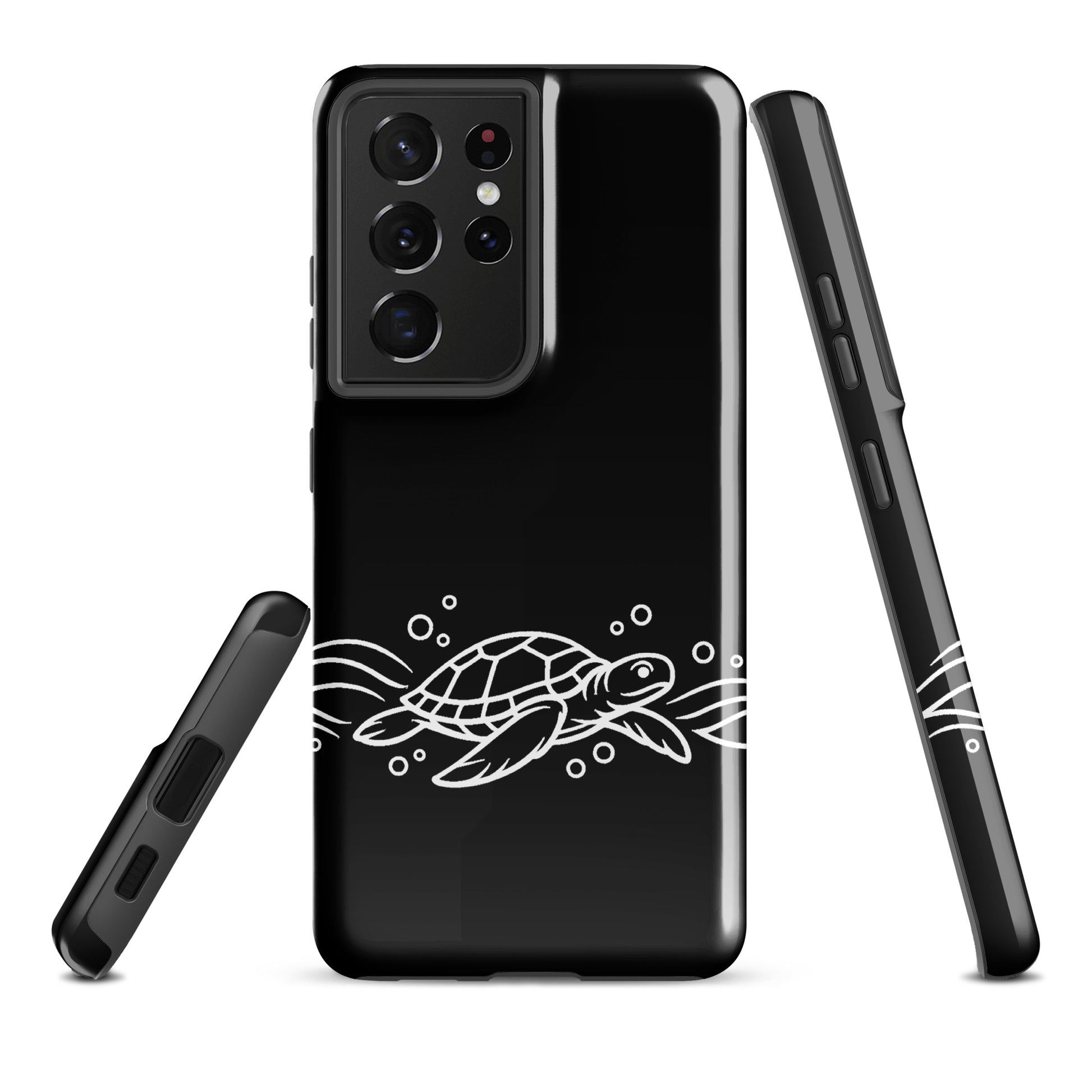 Phone Case for Samsung Galaxy with minimalist sea turtle and waves design, featuring ocean-inspired black and white vector art.
