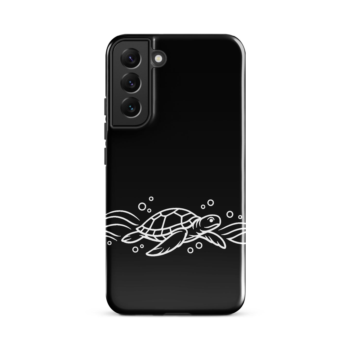 Phone Case for Samsung Galaxy with minimalist sea turtle and waves on black background.