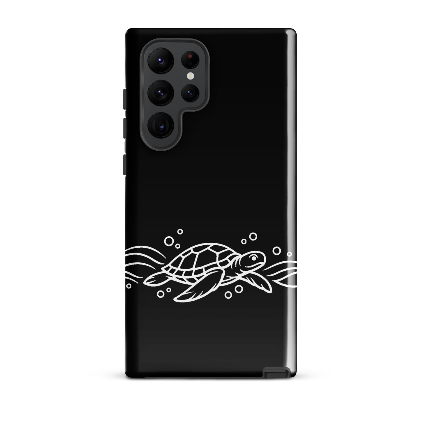 Phone Case for Samsung Galaxy with minimalist sea turtle and wave design, stylish black background, ocean theme, vector art style