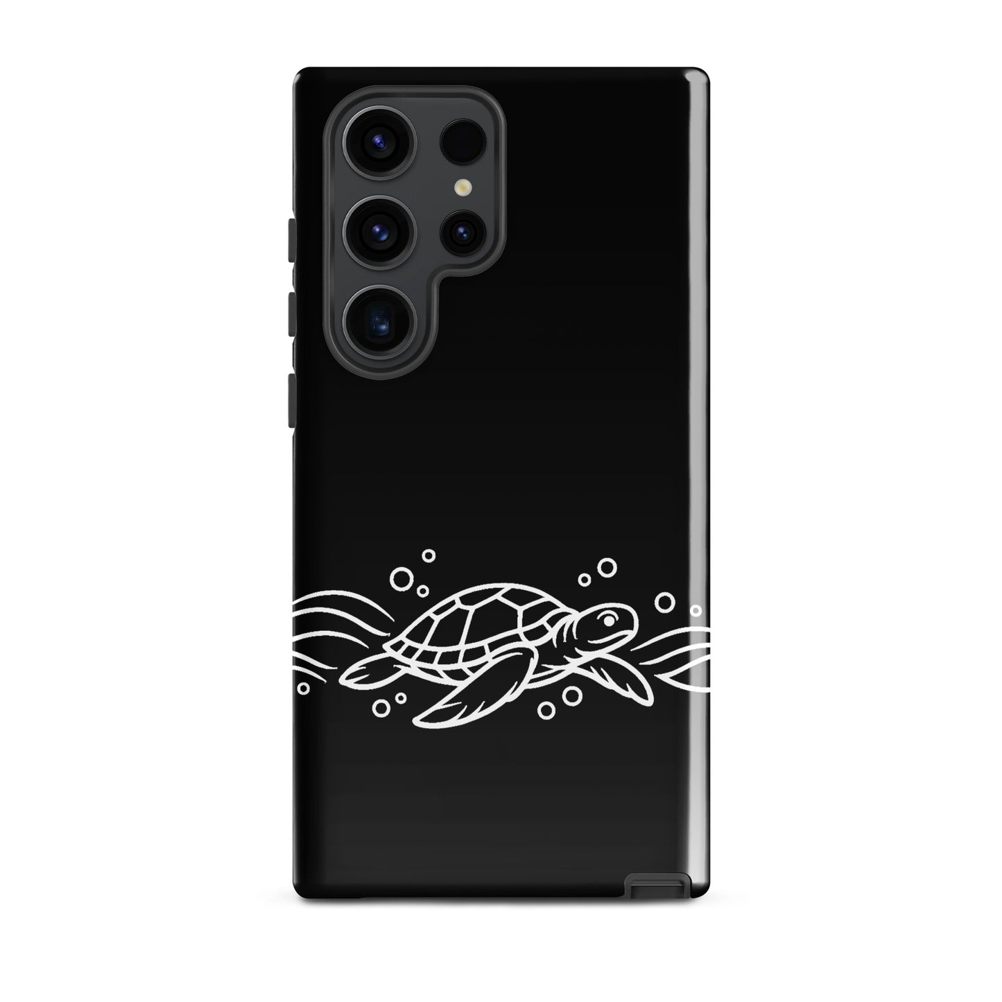 Phone Case for Samsung Galaxy with minimalist sea turtle design on black background, featuring waves and bubbles.