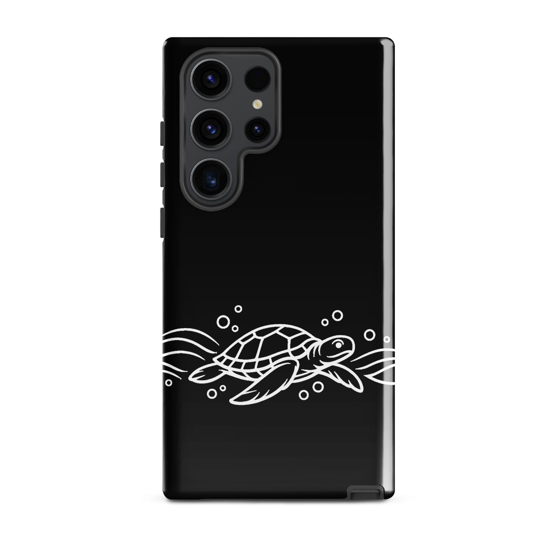 Phone Case for Samsung Galaxy with minimalist sea turtle design on black background, featuring waves and bubbles.
