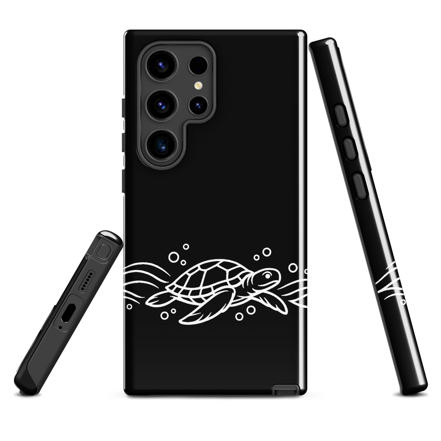 Phone Case for Samsung Galaxy featuring minimalist sea turtle and waves design, black background, ocean-inspired modern style.