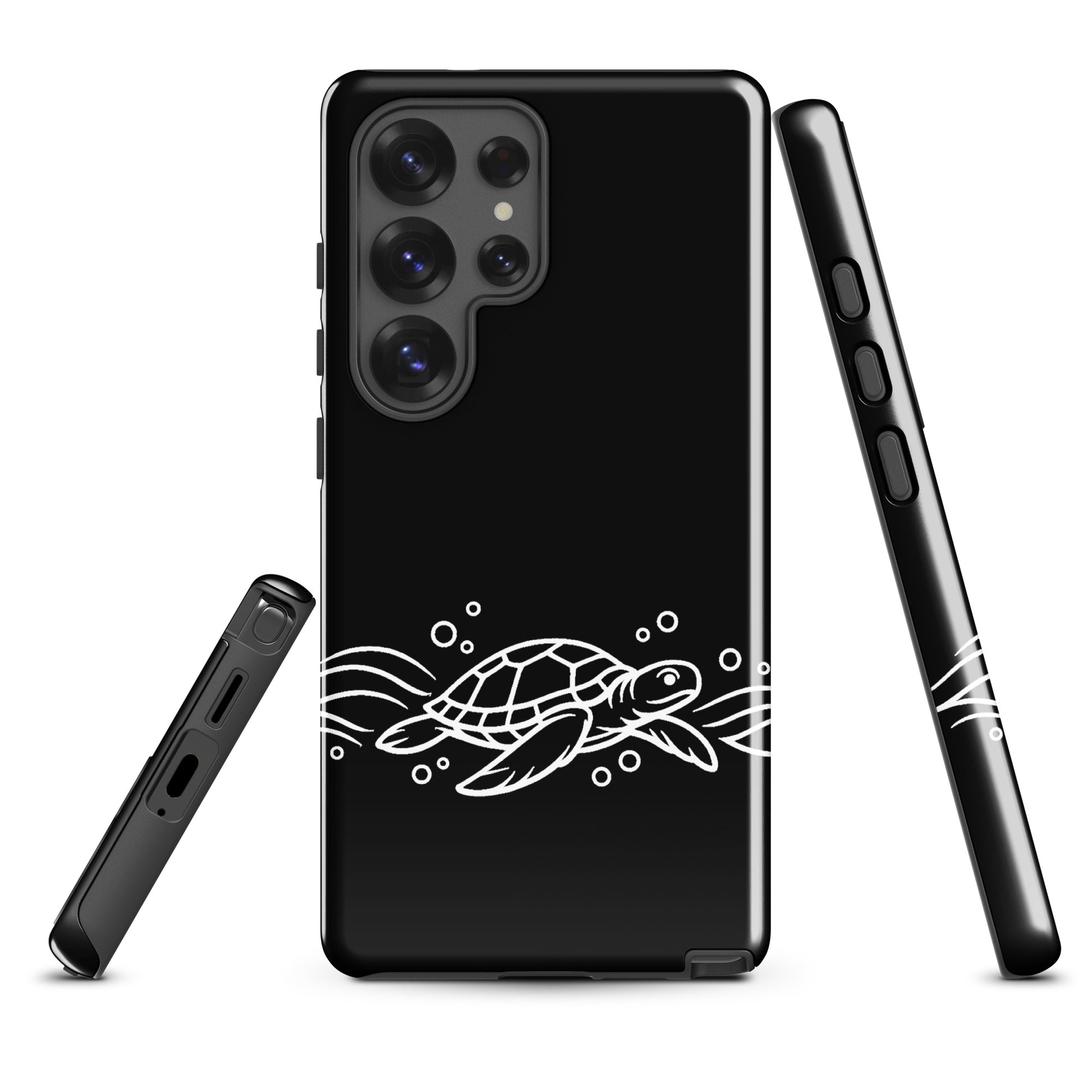 Phone Case for Samsung Galaxy featuring minimalist sea turtle and waves design in black and white, ocean-inspired vector art.