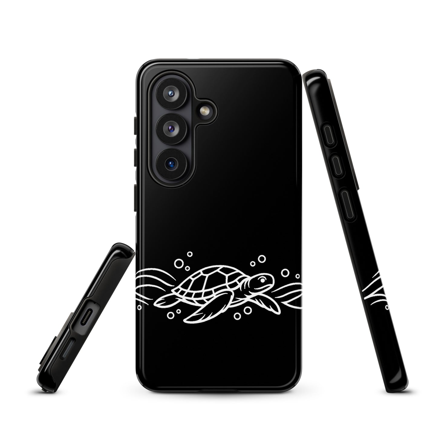 Phone Case for Samsung Galaxy featuring minimalist sea turtle and waves design, showcasing marine life illustration in white on black case