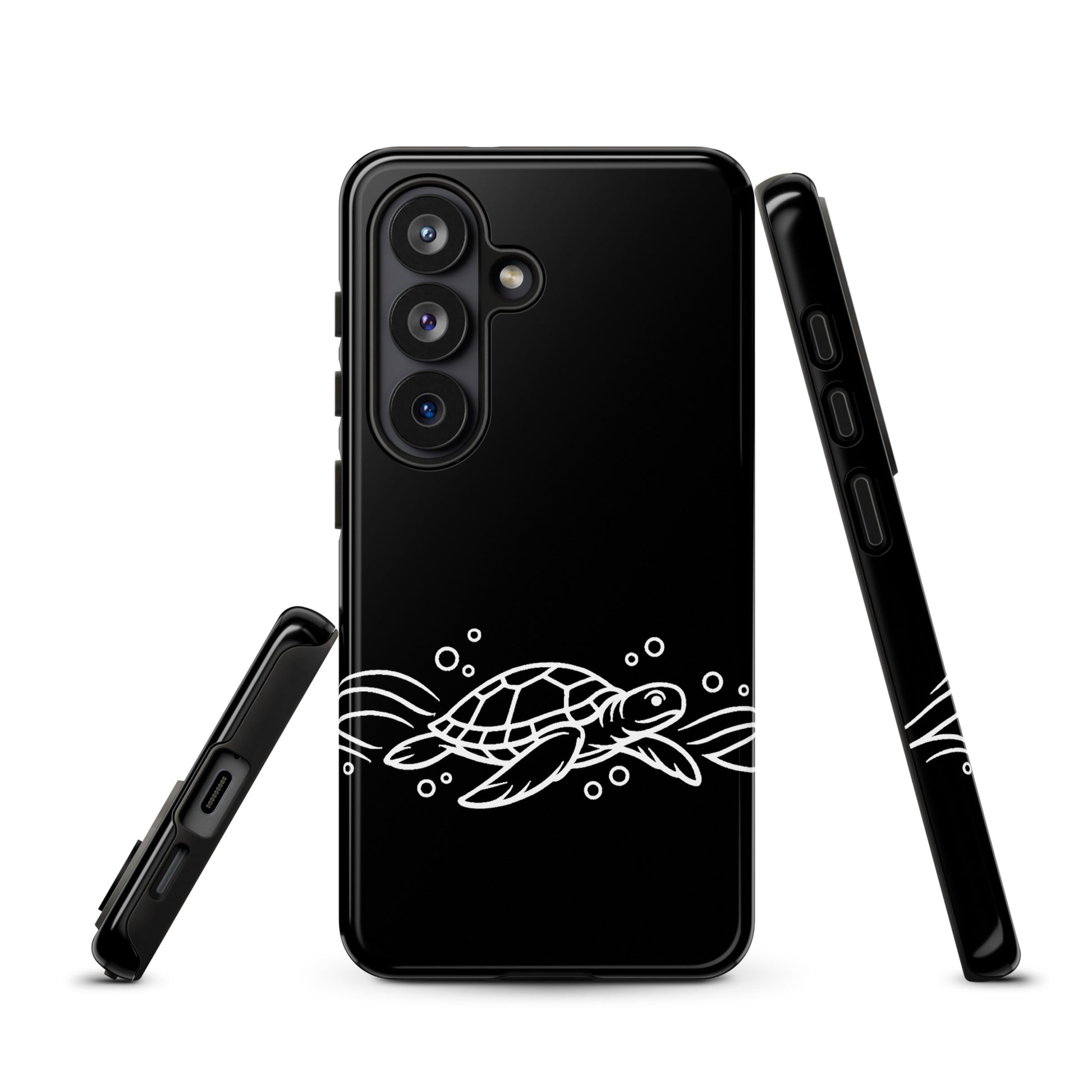 Phone Case for Samsung Galaxy featuring minimalist sea turtle and waves design, showcasing marine life illustration in white on black case