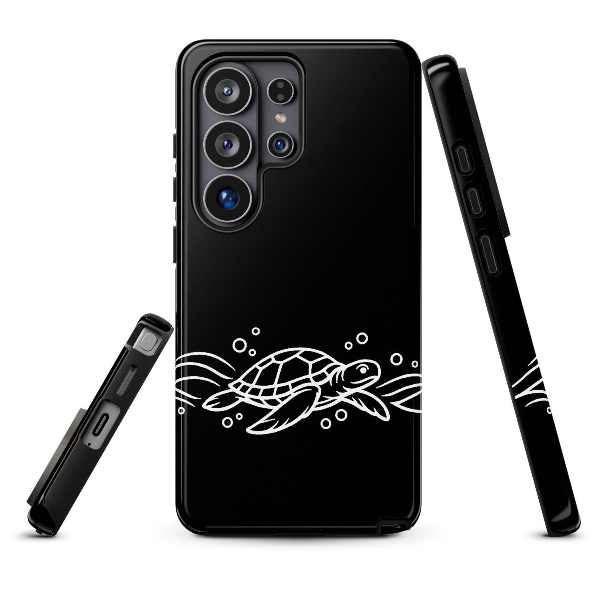 Phone Case for Samsung Galaxy with minimalist sea turtle design on black background.