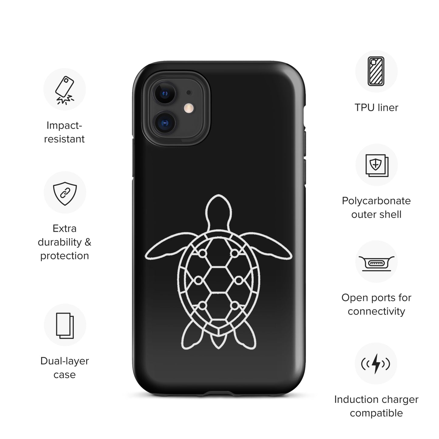 phone case featuring sea turtle silhouette design with geometric shell pattern, TPU liner, and polycarbonate outer shell for iPhone