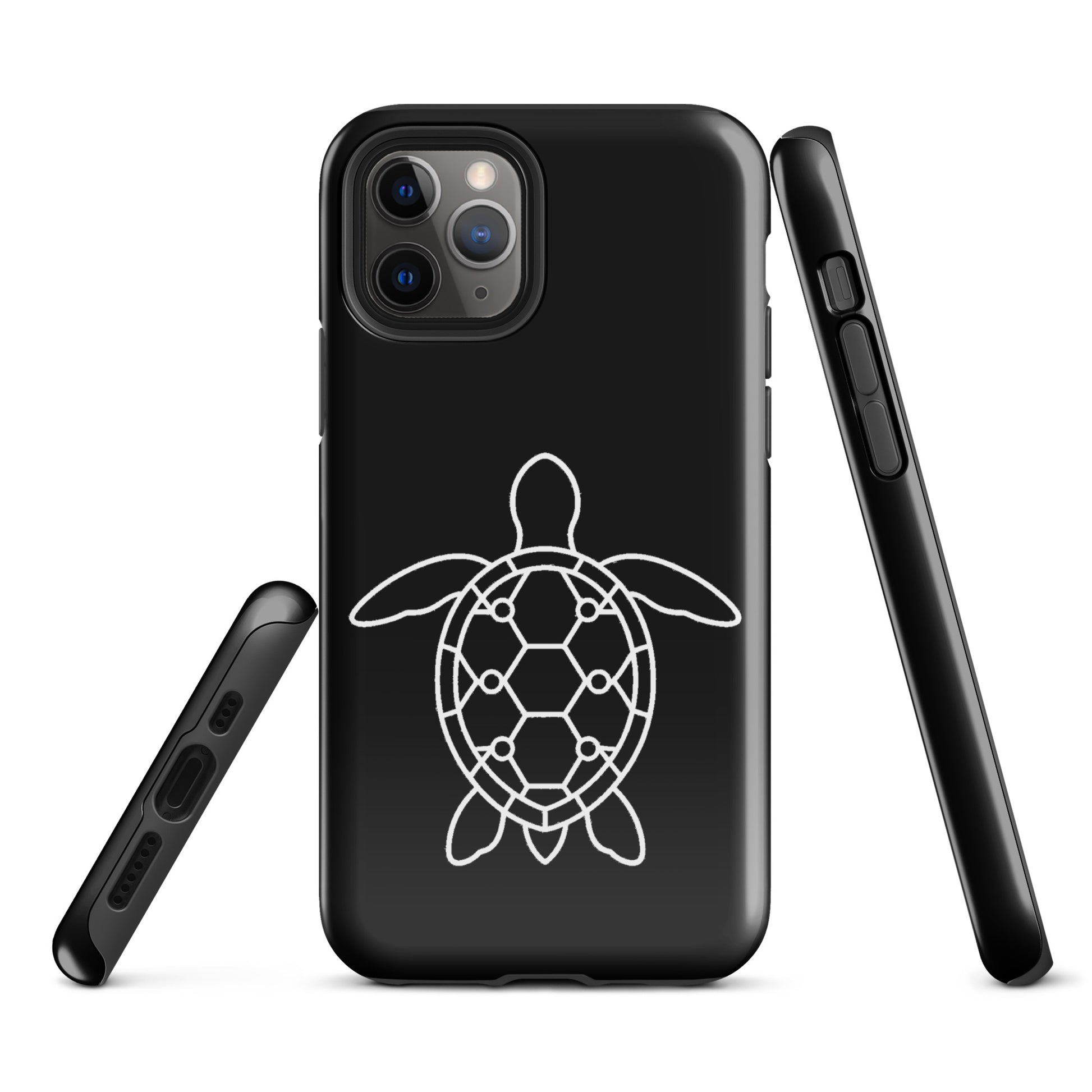 Phone case with minimalist sea turtle silhouette and geometric shell design for iPhone, emphasizing modern style and ocean motif.