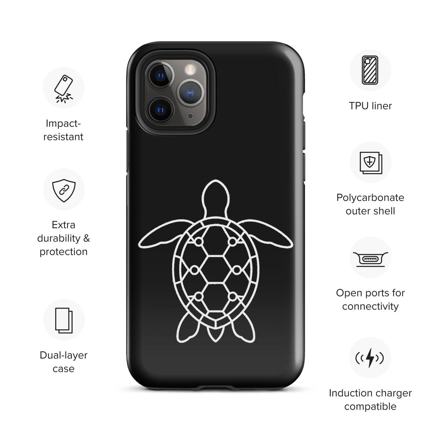 phone case with minimalist sea turtle silhouette and geometric patterns on iPhone, impact-resistant and induction charger compatible