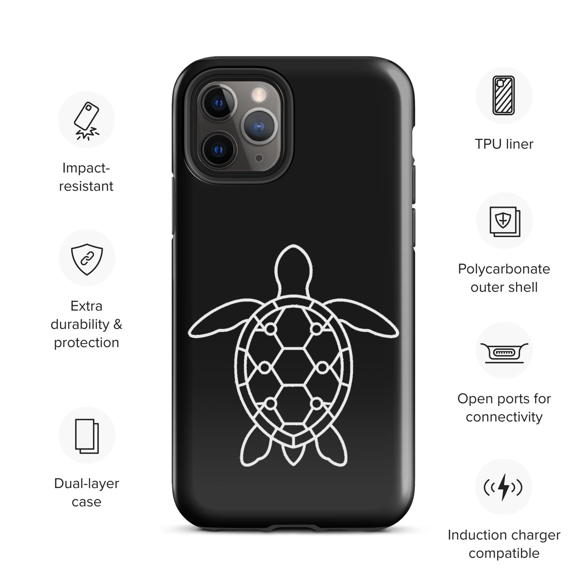 phone case with minimalist sea turtle silhouette and geometric patterns on iPhone, impact-resistant and induction charger compatible