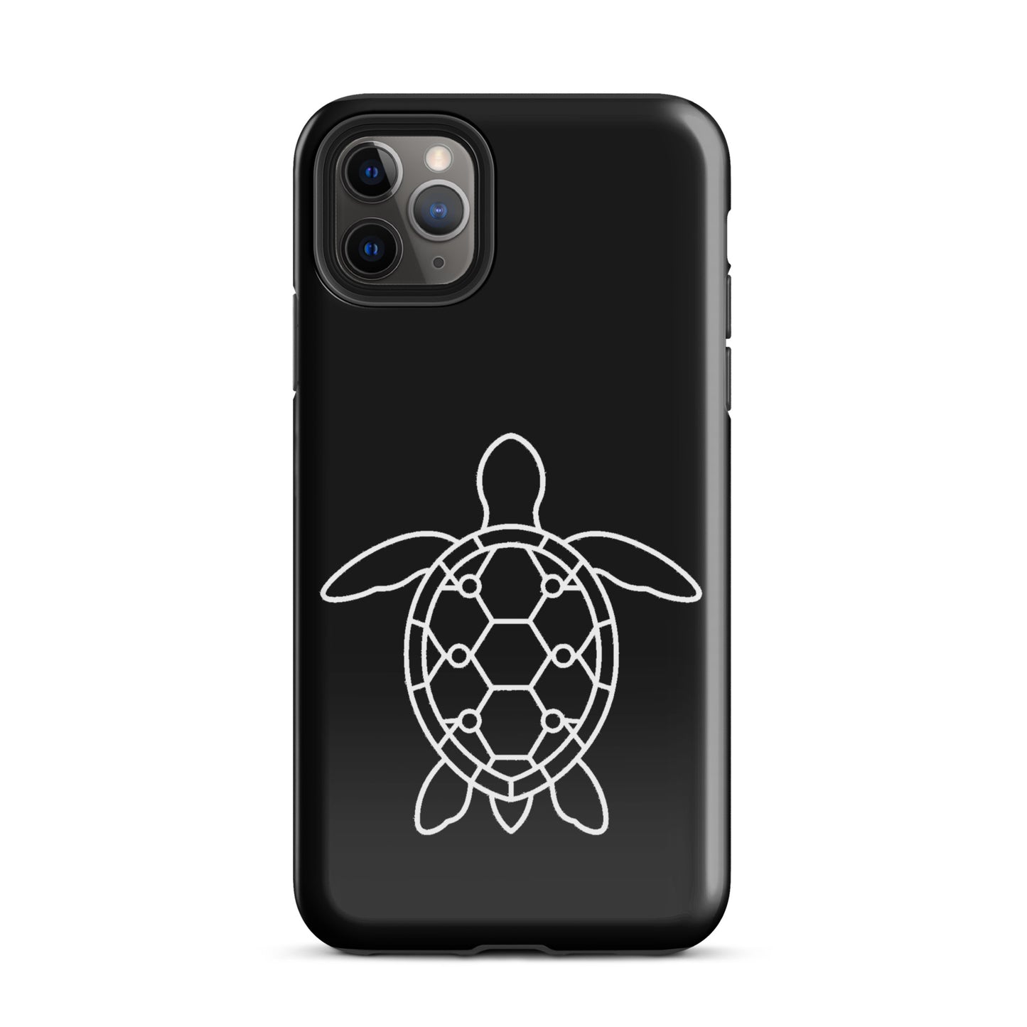 phone case for iPhone with minimalist sea turtle silhouette design featuring geometric hexagons and circles, ocean-inspired elegance