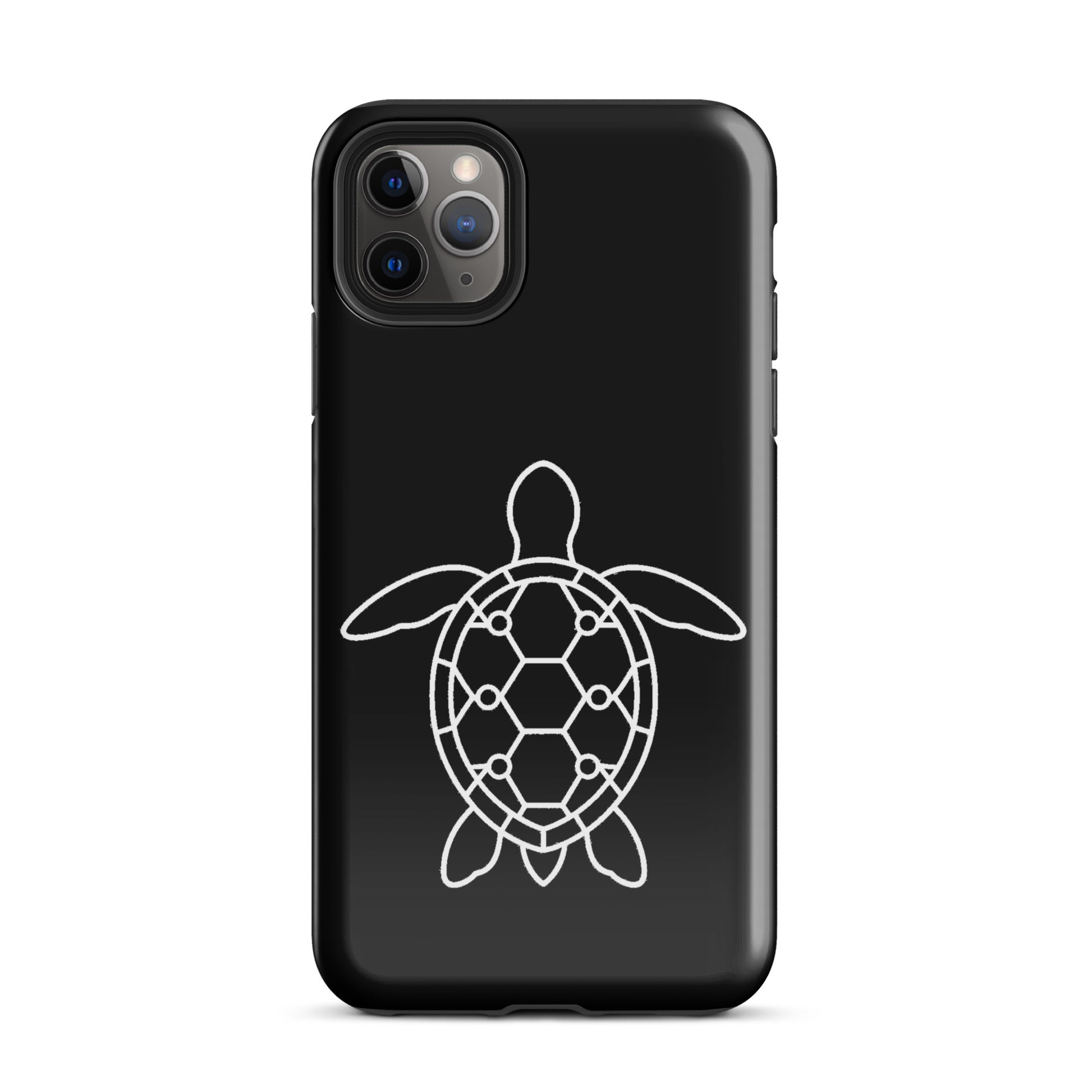 phone case for iPhone with minimalist sea turtle silhouette design featuring geometric hexagons and circles, ocean-inspired elegance