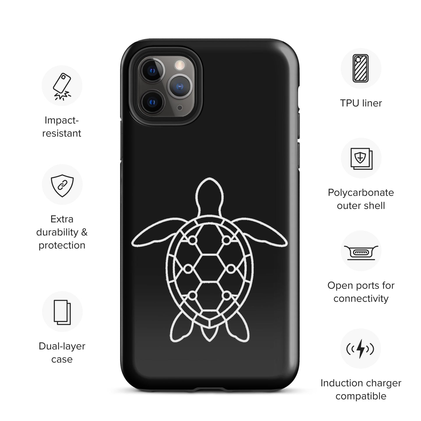 phone case for iPhone with minimalist sea turtle silhouette and geometric design, featuring impact-resistant polycarbonate shell