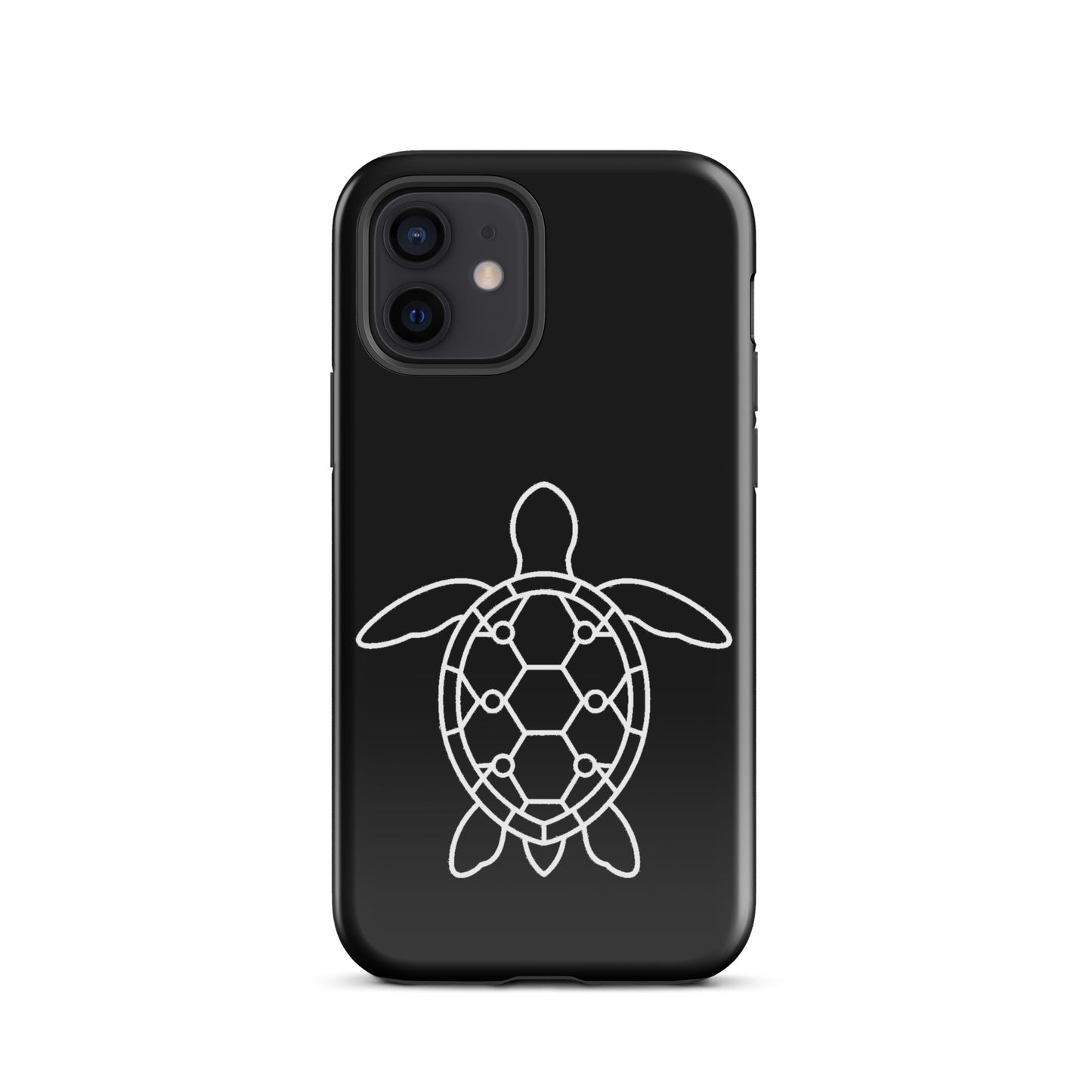 Minimalist sea turtle silhouette phone case for iPhone, featuring geometric hexagon and circle patterns on a sleek shell design.