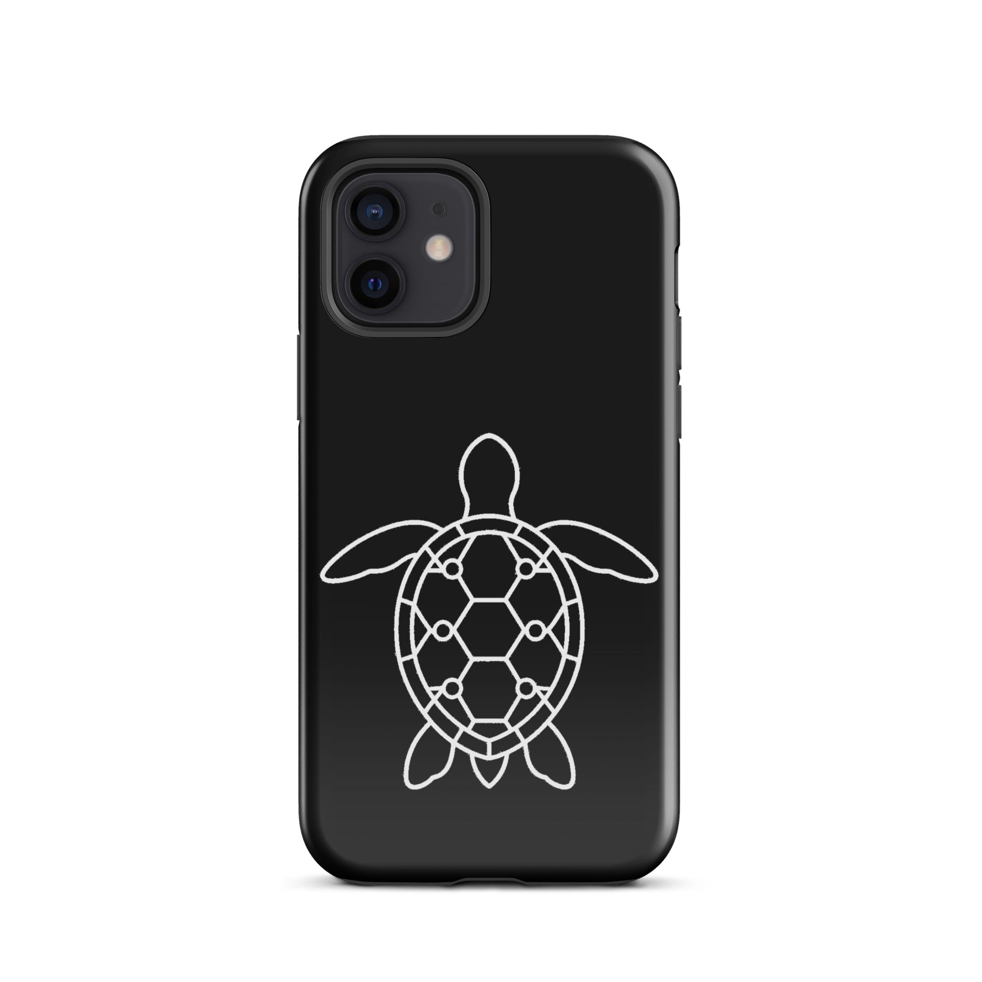Minimalist sea turtle silhouette phone case for iPhone, featuring geometric hexagon and circle patterns on a sleek shell design.
