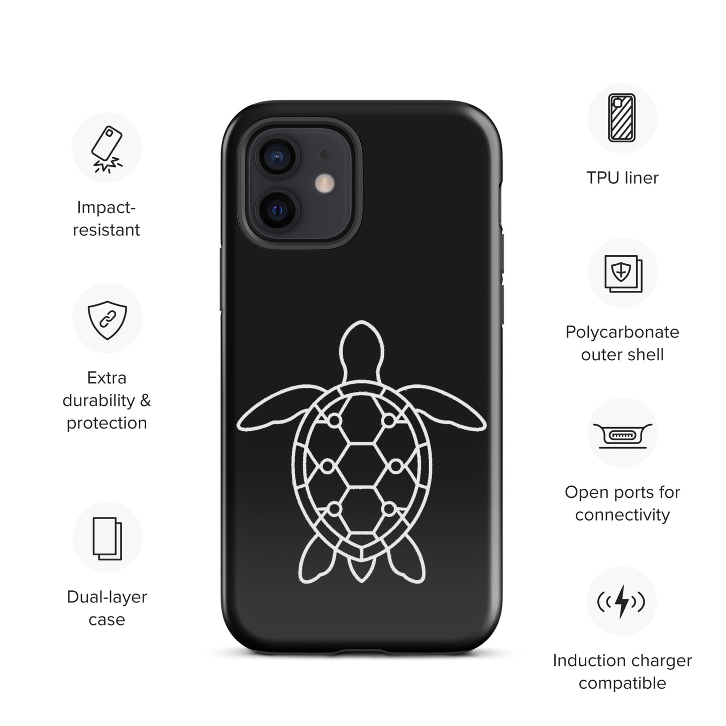 phone case with minimalist sea turtle silhouette, featuring geometric shell pattern, designed for iPhone, showing durability and protection features