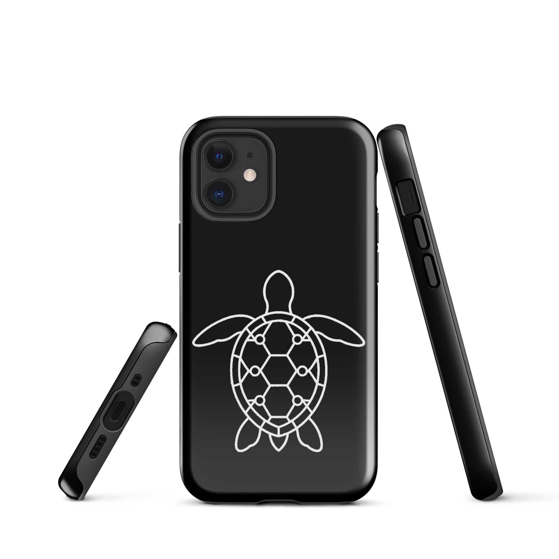 Phone case for iPhone with minimalist sea turtle silhouette design, featuring geometric shell pattern, sleek and modern style.