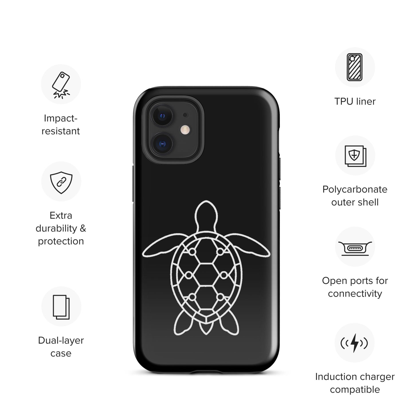 Phone case for iPhone featuring minimalist sea turtle silhouette with geometric shell pattern, impact-resistant and induction charger compatible.
