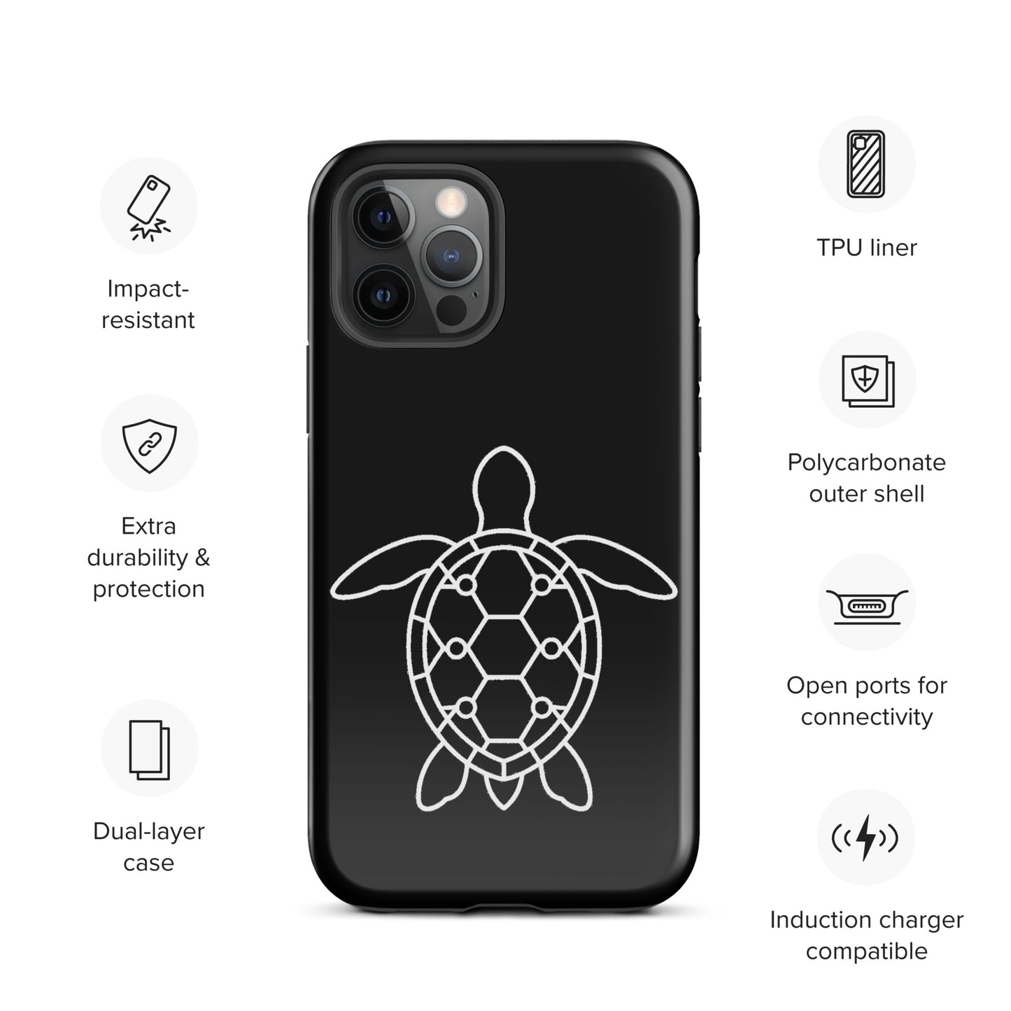 Phone case with minimalist sea turtle silhouette, showcasing geometric shell design and impact-resistant features.