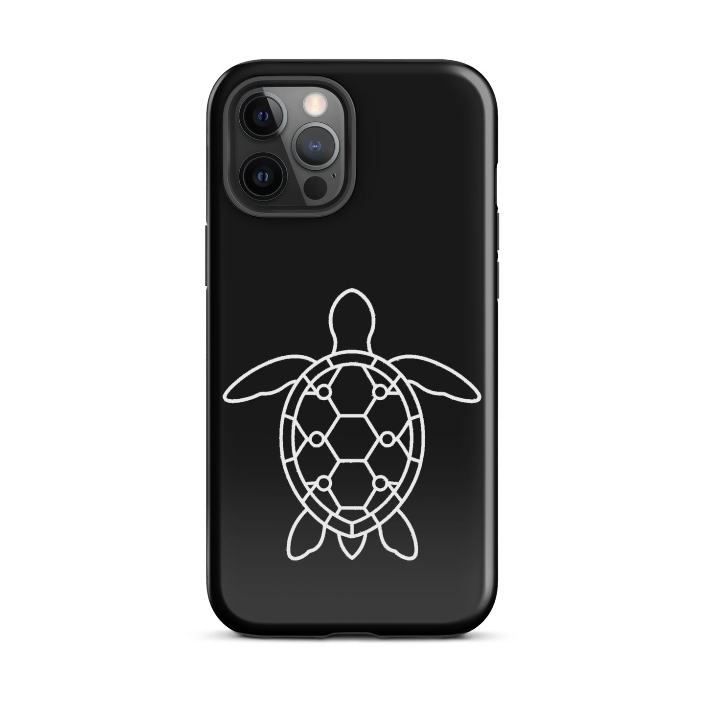 Phone case with minimalist sea turtle silhouette design, featuring geometric hexagon and circle pattern on a black background.