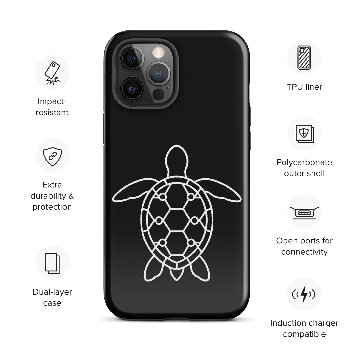 phone case for iPhone with minimalist sea turtle silhouette and geometric shell pattern, impact-resistant dual-layer design