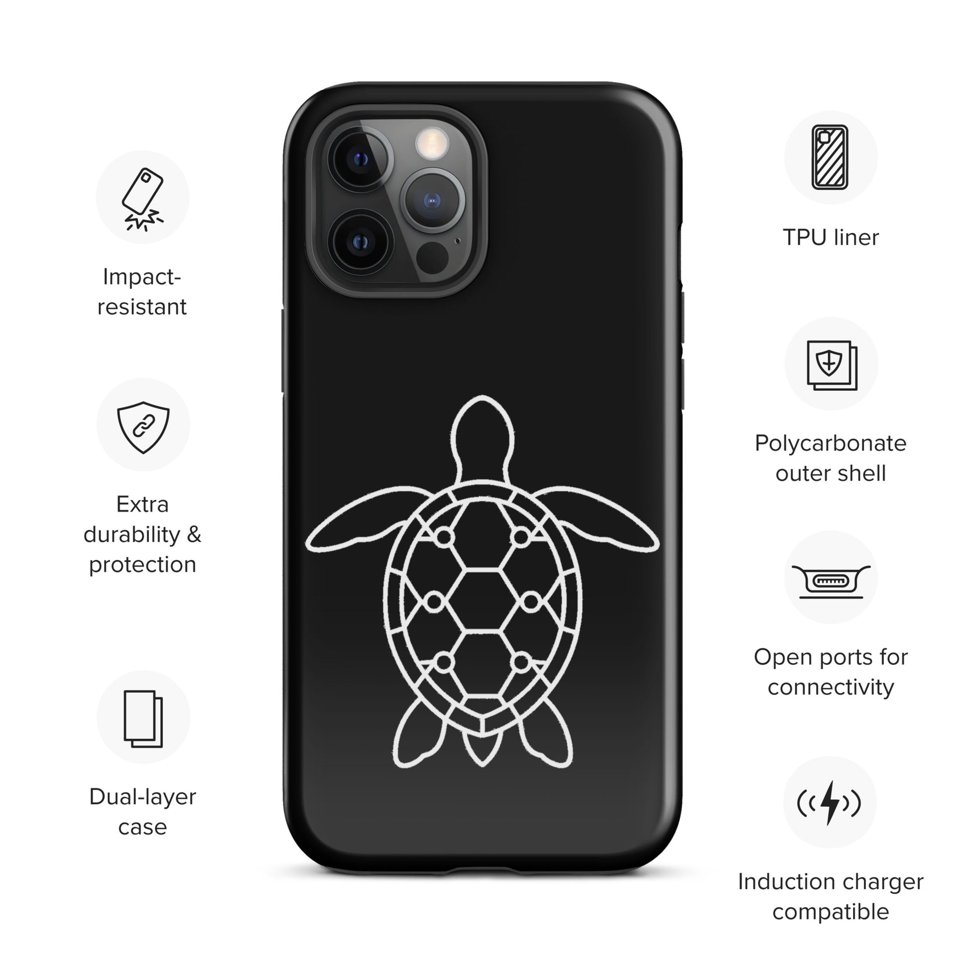 phone case for iPhone with minimalist sea turtle silhouette and geometric shell pattern, impact-resistant dual-layer design