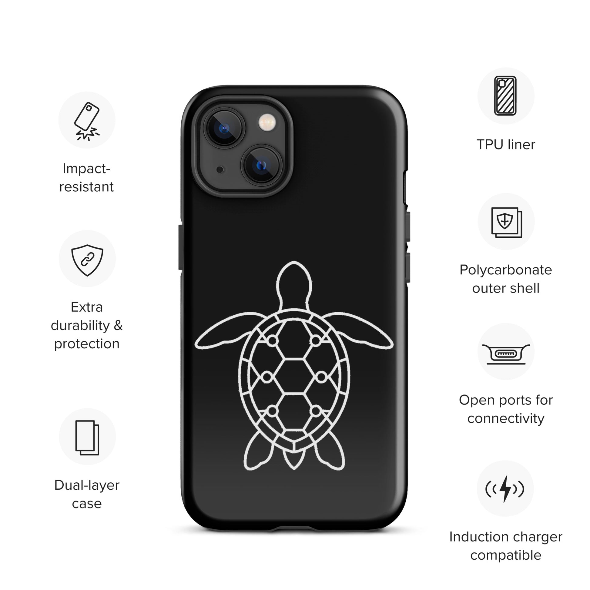 Black phone case for iPhone with minimalist sea turtle silhouette design, showcasing geometric pattern and modern style.