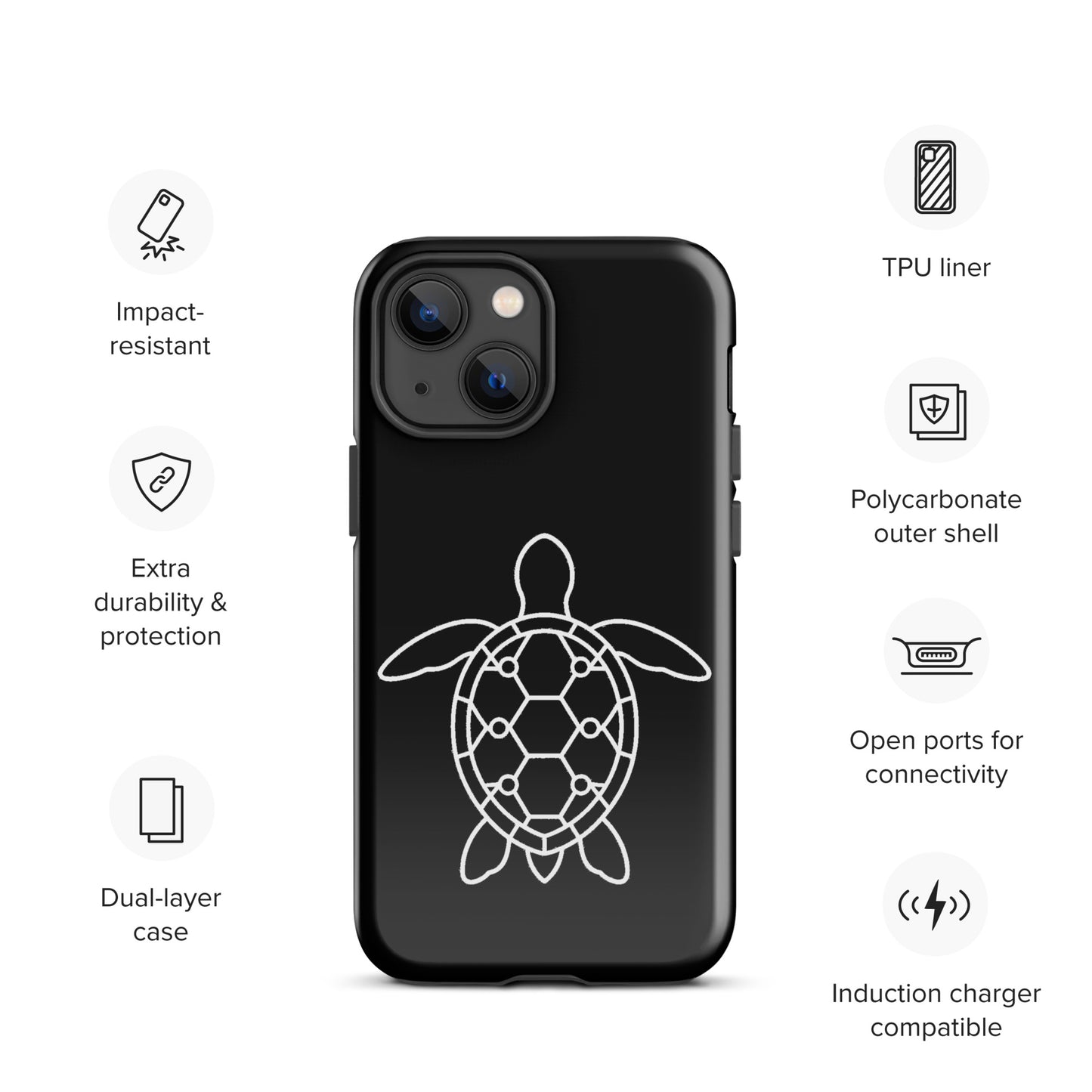 Phone case with sea turtle silhouette and geometric design, featuring impact resistance and open ports for iPhone compatibility.