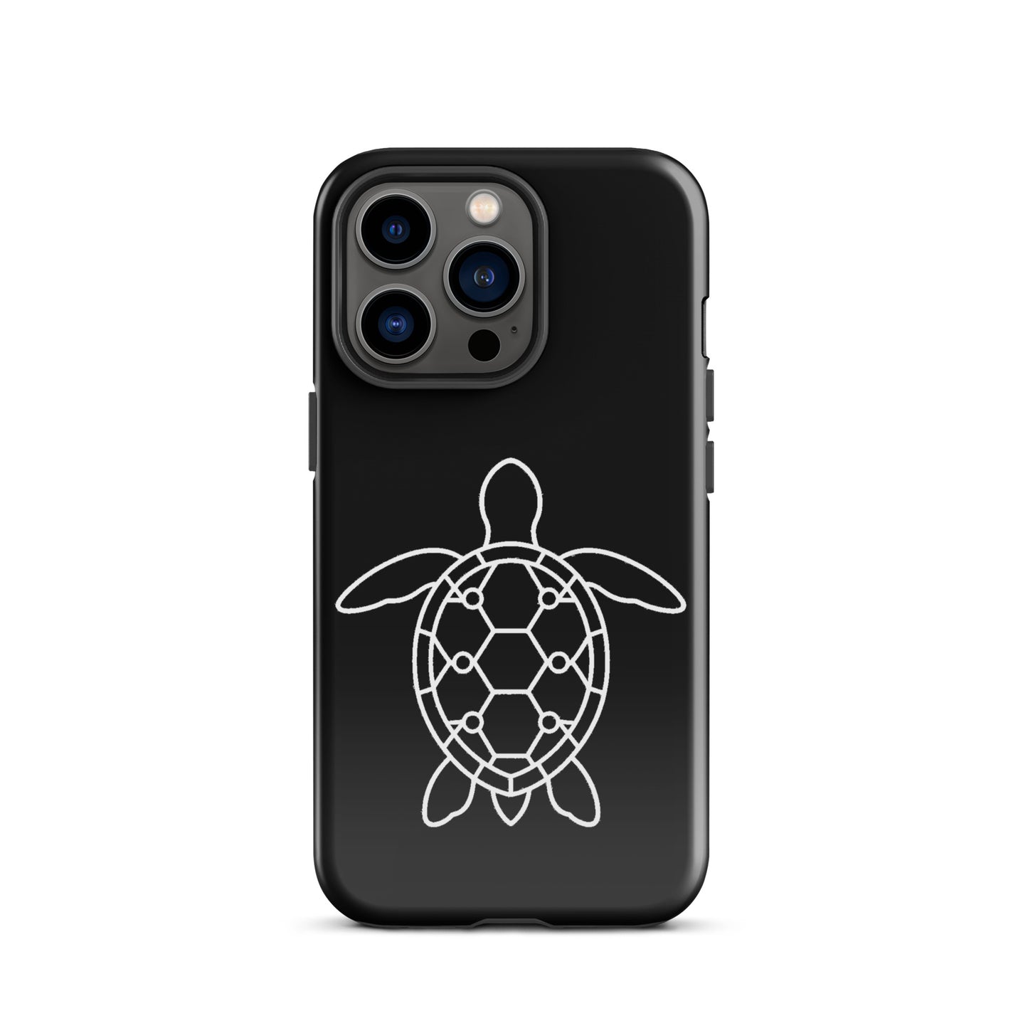 Minimalist phone case for iPhone featuring a sleek sea turtle silhouette with geometric hexagon pattern, ocean-inspired design.