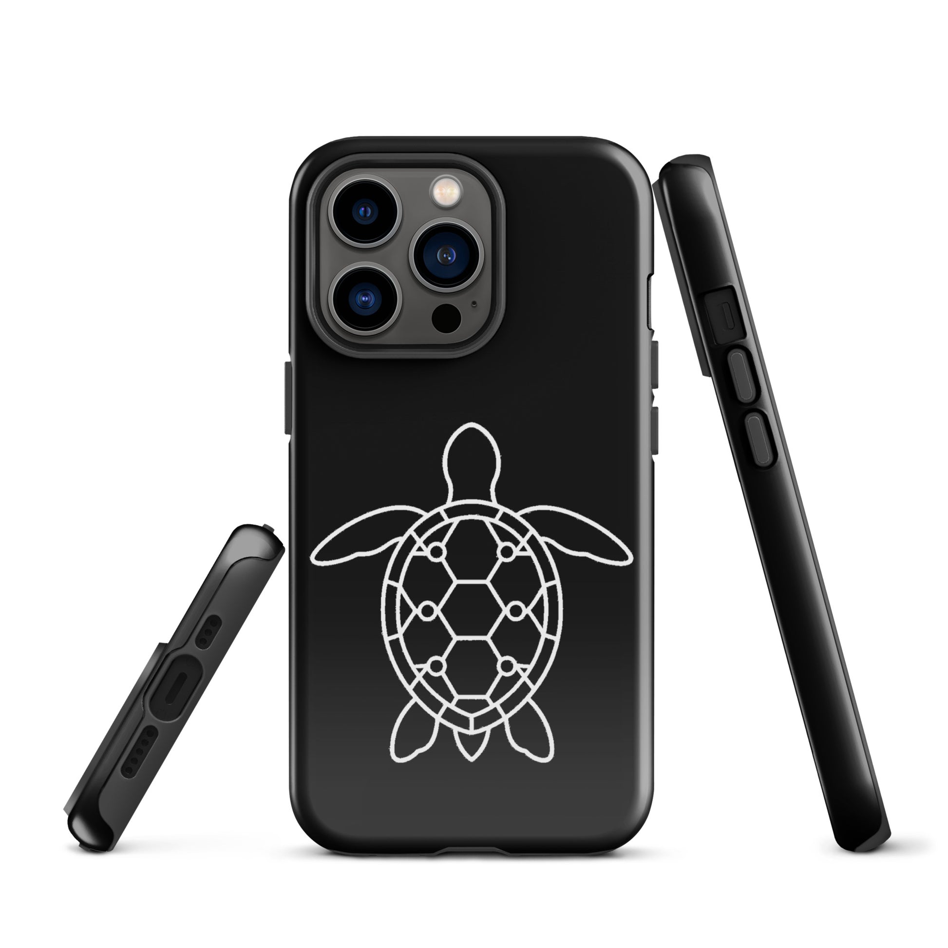 Minimalist phone case for iPhone featuring a sleek sea turtle silhouette with geometric patterns, perfect for ocean-inspired style lovers.