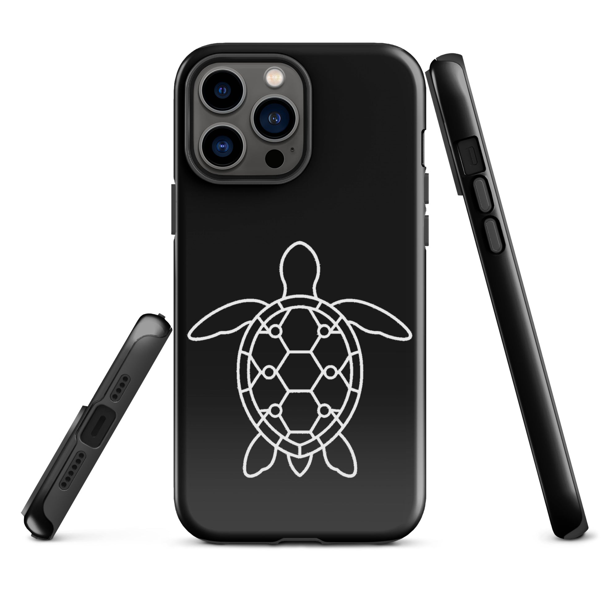 phone case for iPhone with minimalist sea turtle silhouette featuring geometric shell design, black color, side and back view
