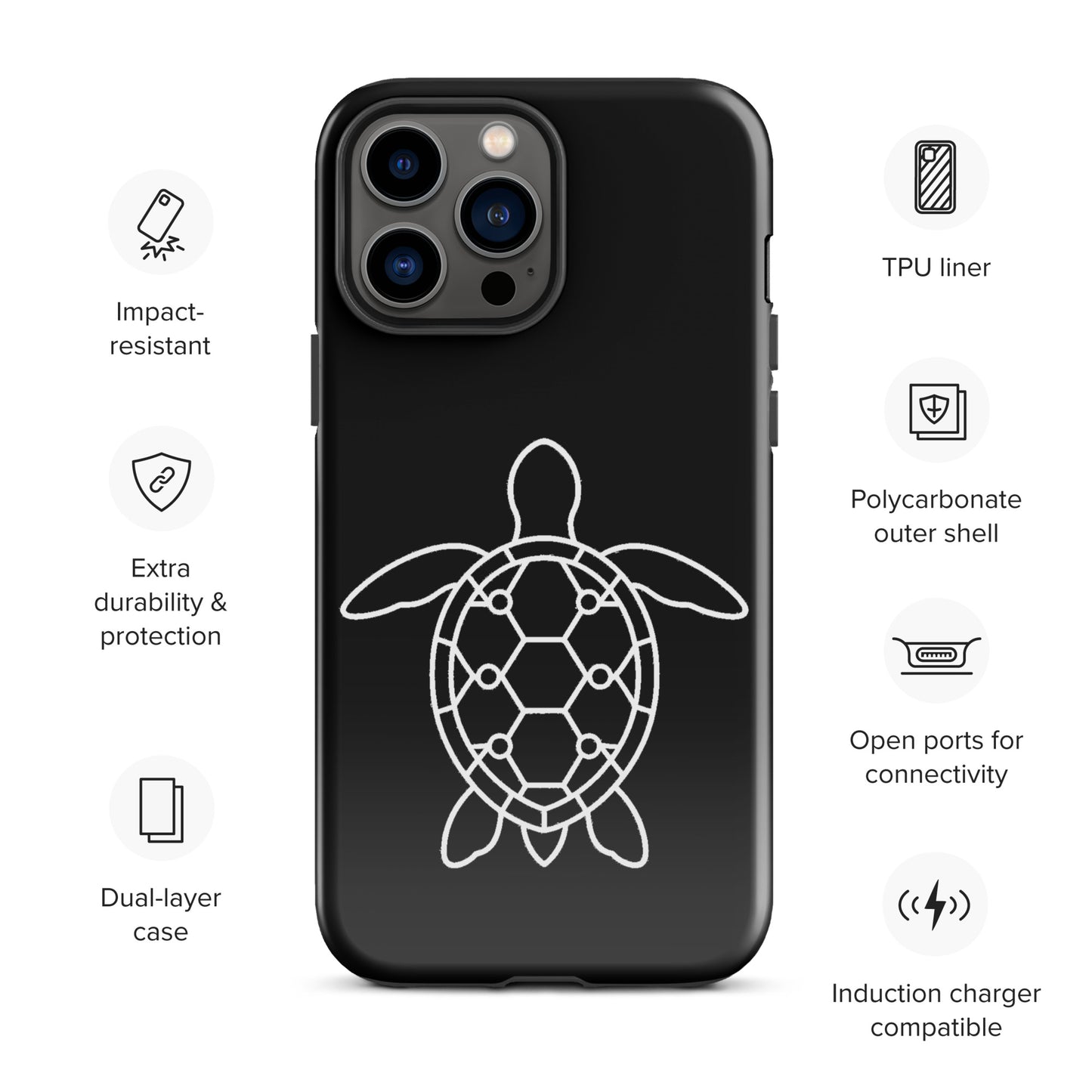 phone case for iPhone with minimalist sea turtle silhouette and geometric pattern, featuring impact-resistant polycarbonate design for protection