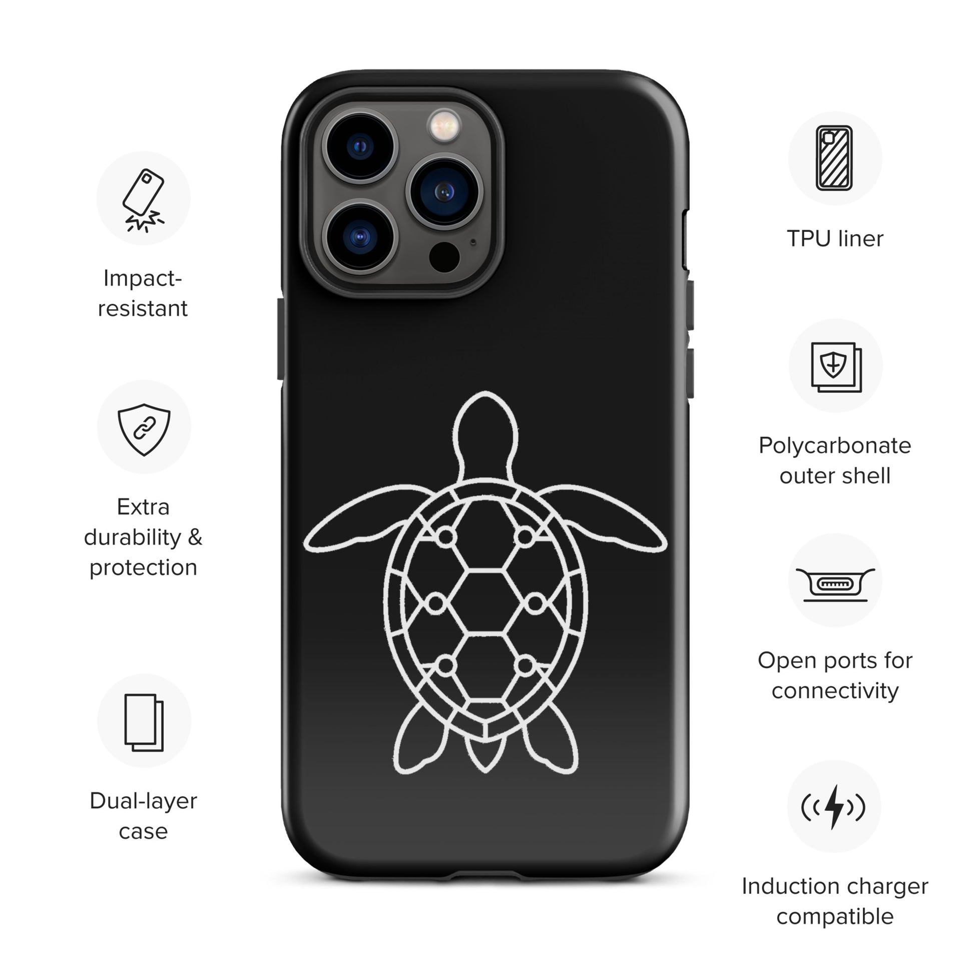 phone case for iPhone with minimalist sea turtle silhouette and geometric pattern, featuring impact-resistant polycarbonate design for protection