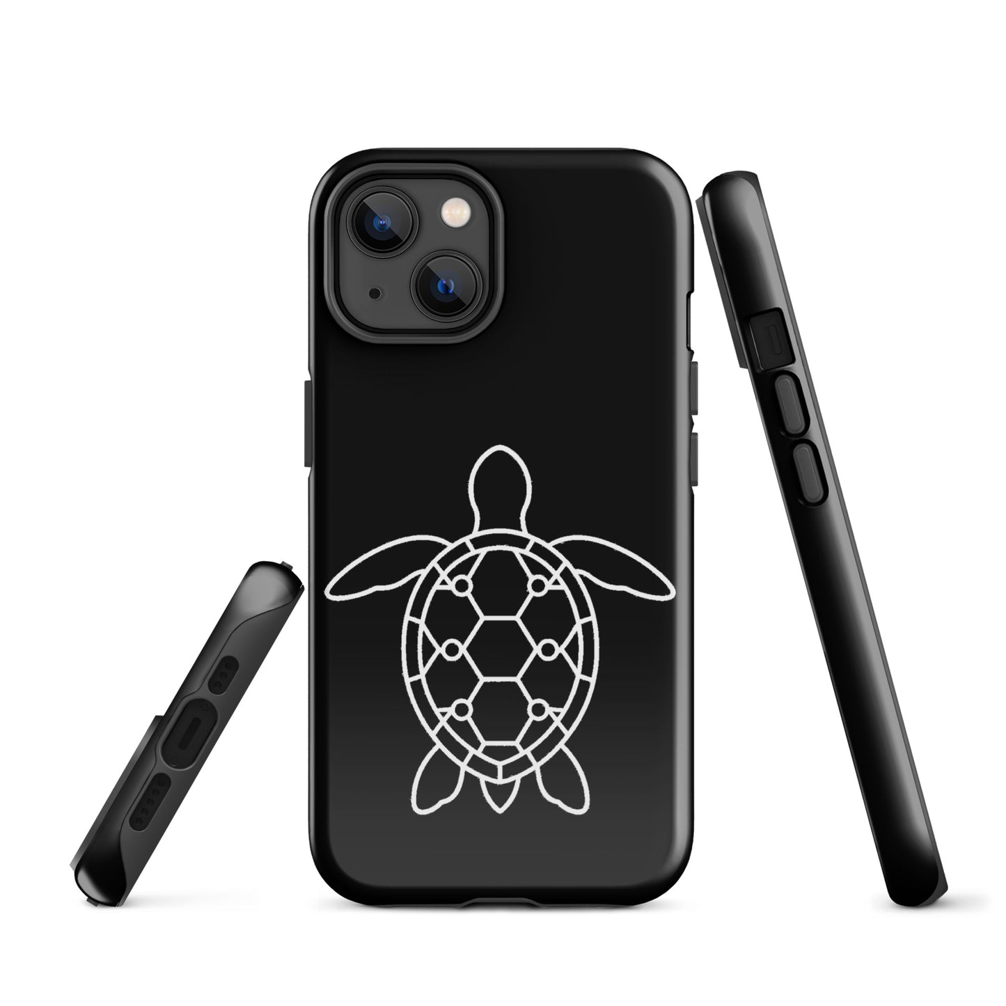 phone case with sea turtle silhouette, minimalist design, geometric pattern, black background, iPhone accessory