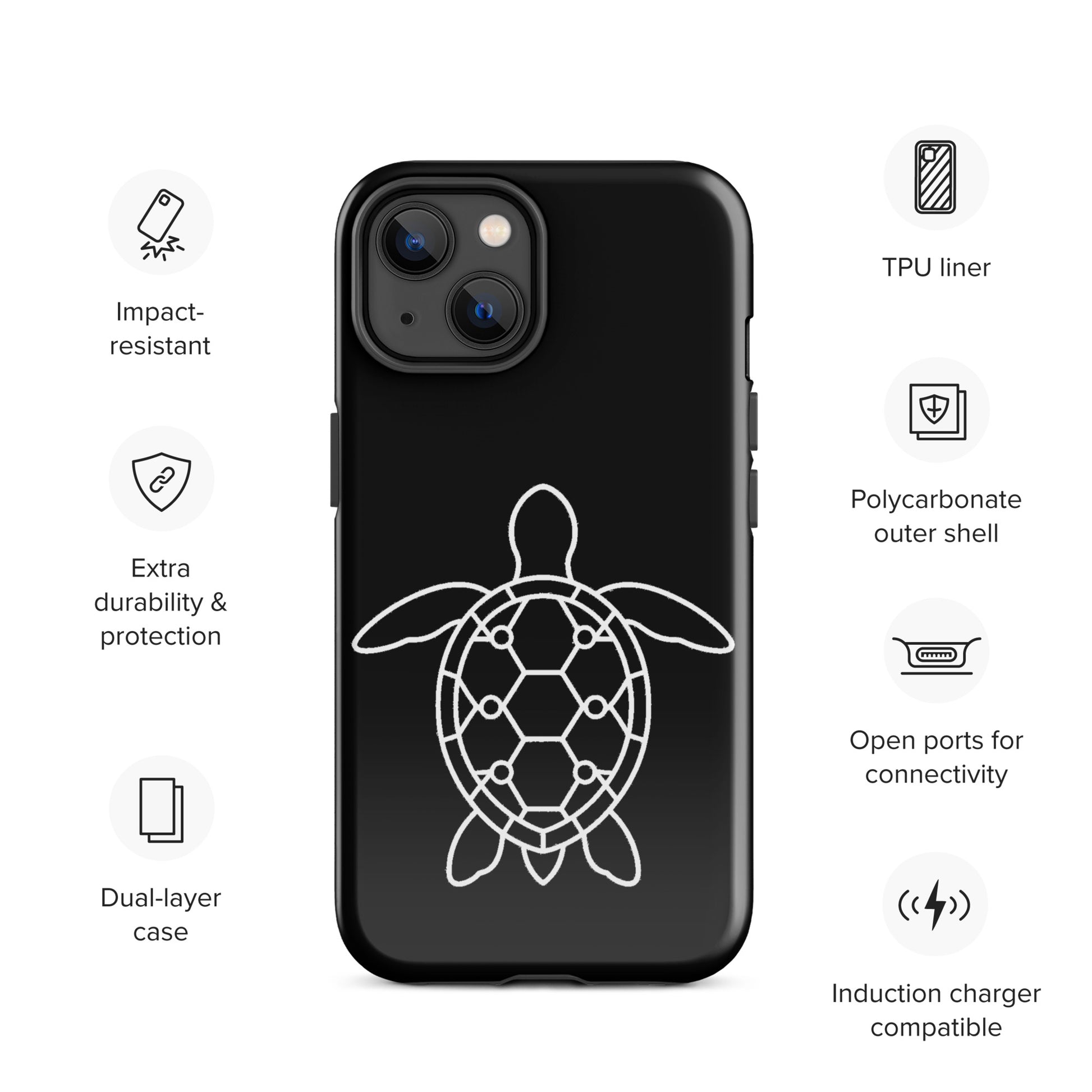 phone case featuring sea turtle silhouette with geometric shell pattern, compatible with iPhone, impact-resistant, minimal design