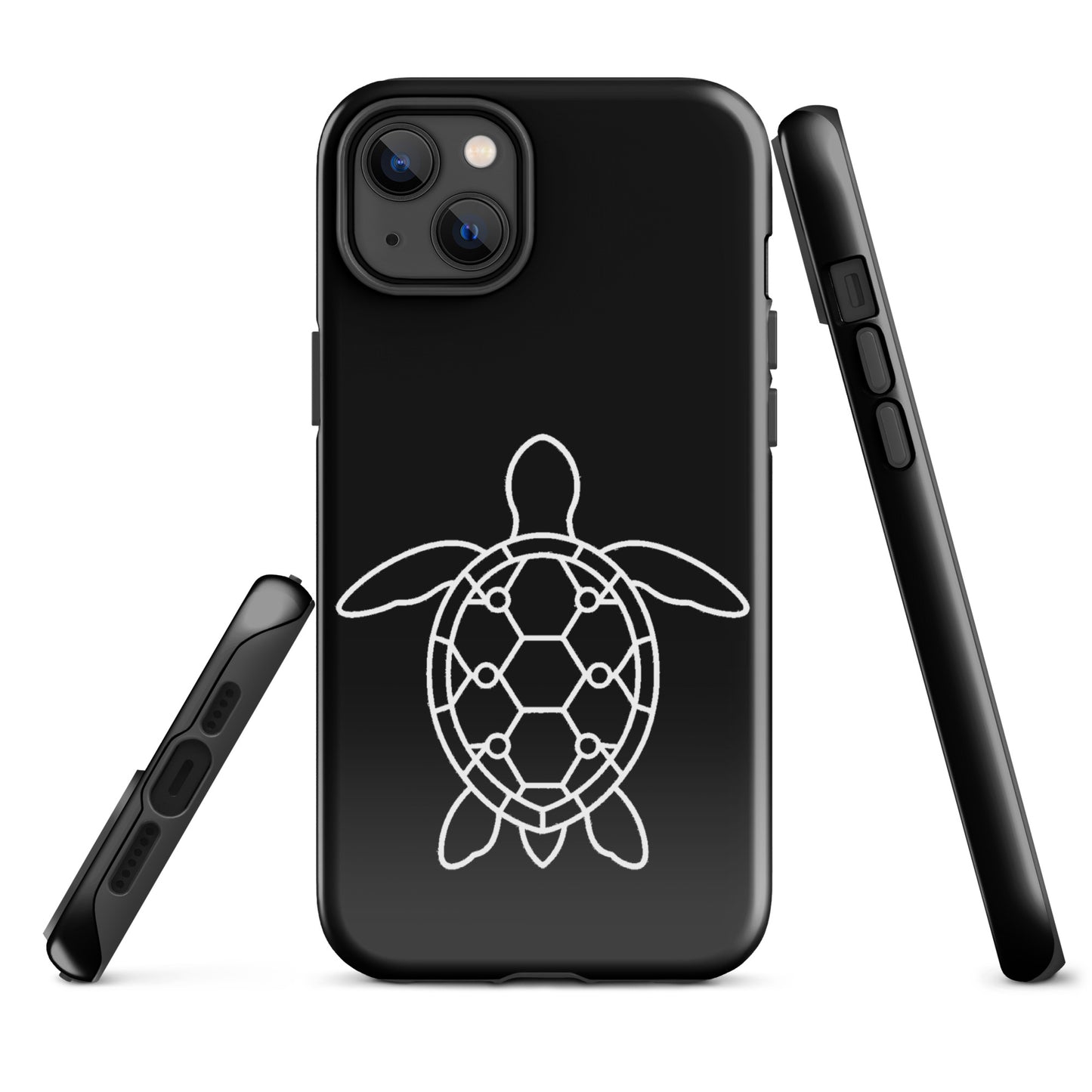 Phone case with minimalist sea turtle silhouette and geometric shell pattern for iPhone, featuring sleek design and ocean-inspired art.