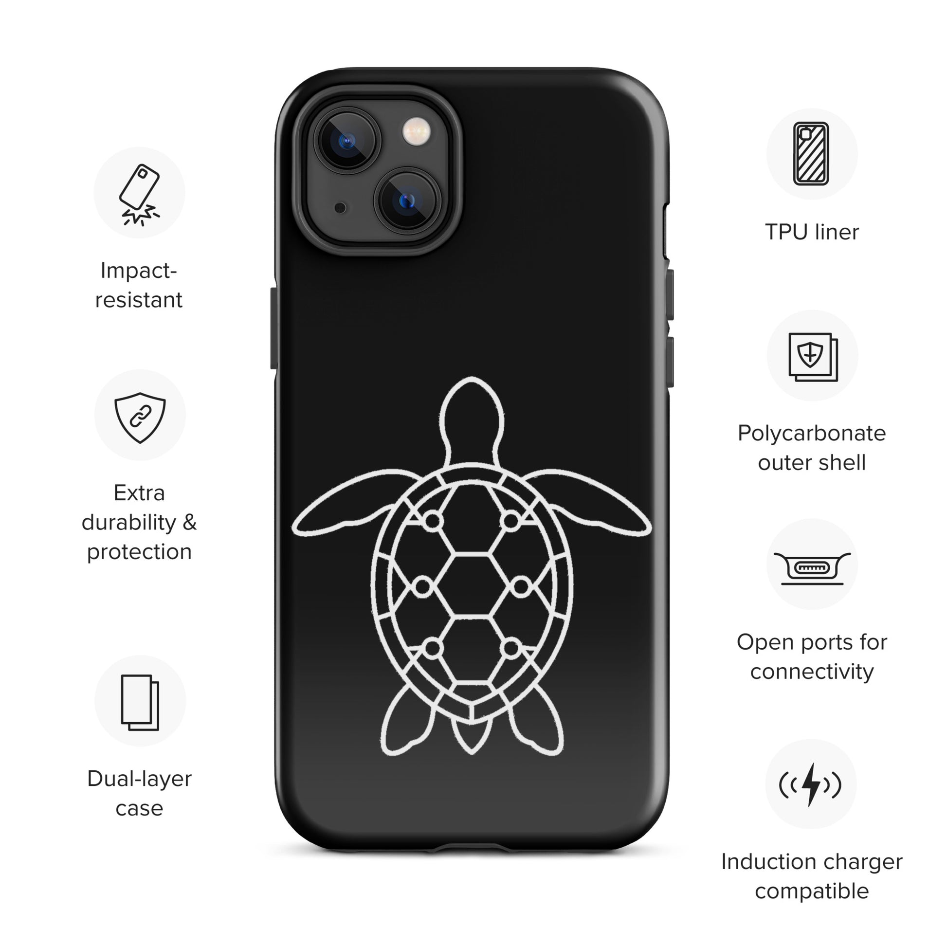 phone case for iPhone featuring minimalist sea turtle silhouette with geometric pattern, impact-resistant, dual-layer design.