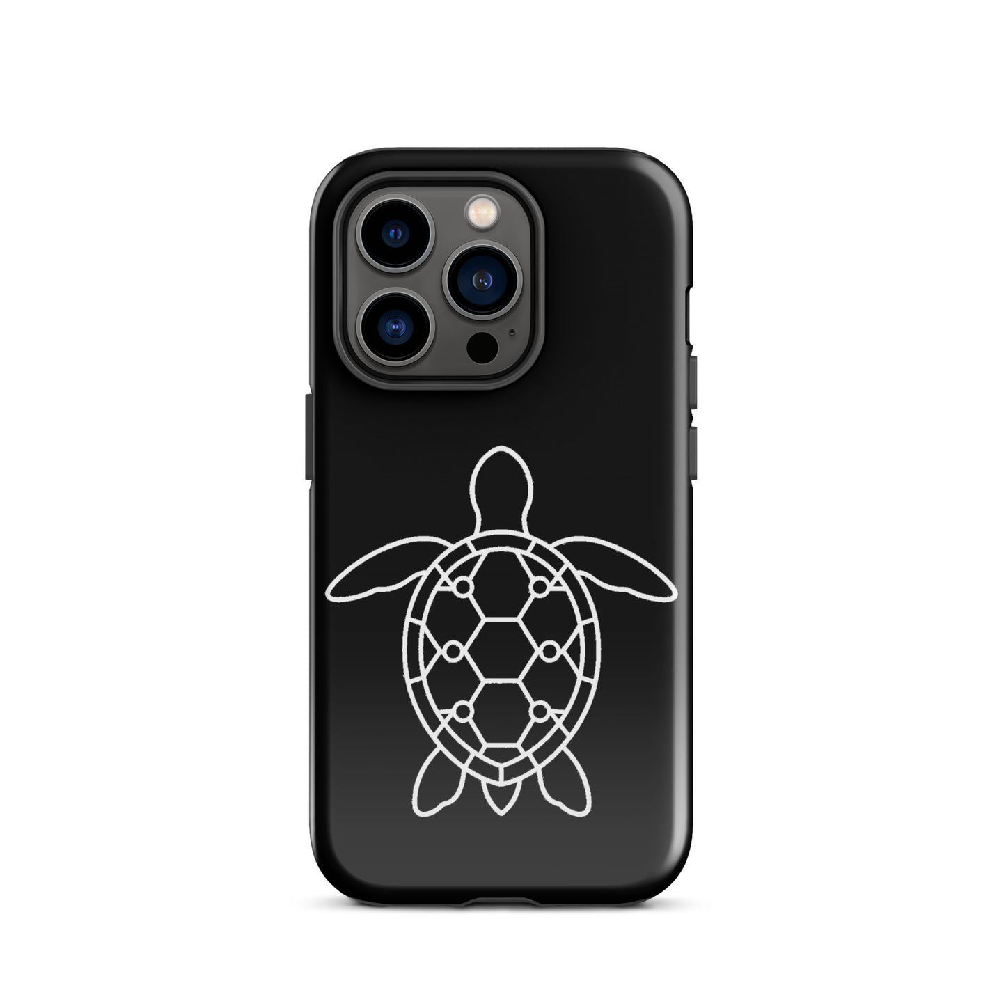 Minimalist sea turtle silhouette phone case for iPhone with geometric hexagon and circle design.