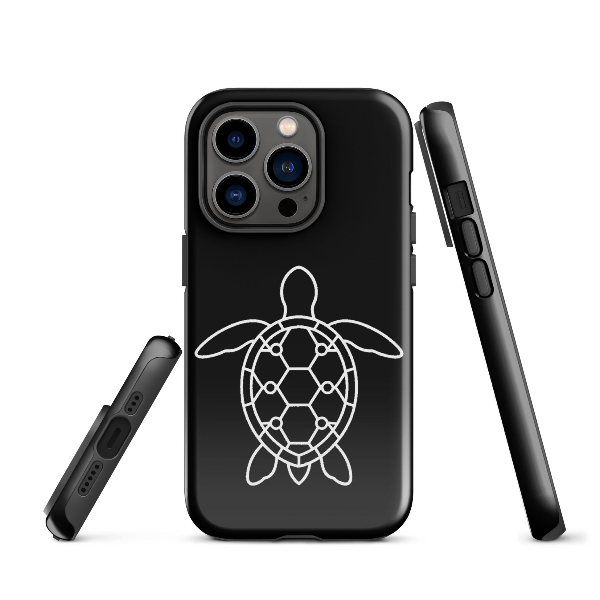 Minimalist sea turtle silhouette phone case for iPhone with geometric shell design, showcasing a modern and stylish accessory.