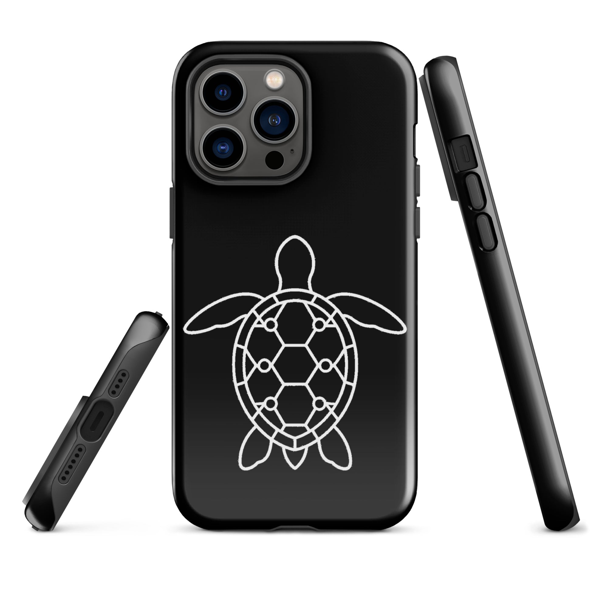 Minimalist sea turtle silhouette phone case for iPhone featuring geometric hexagons and circles, sleek ocean motif design.