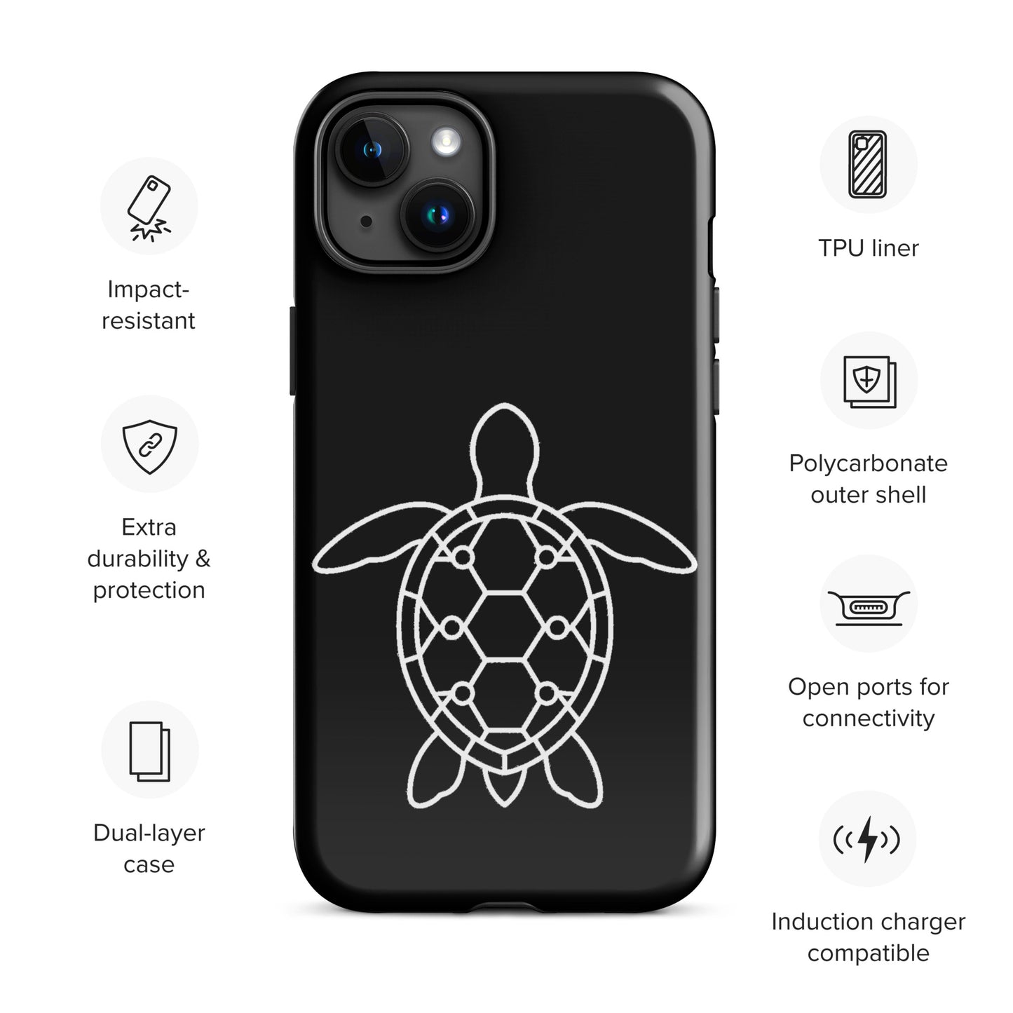 iPhone phone case with minimalist sea turtle silhouette and geometric shell design, highlighting features like impact resistance and connectivity.