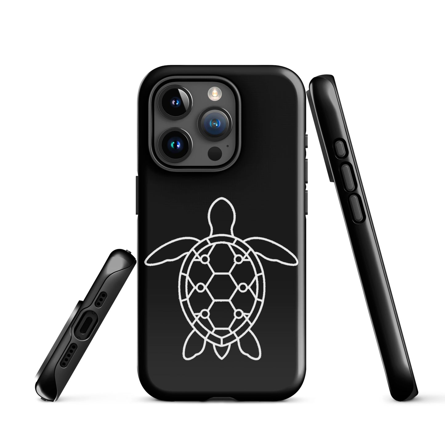 Black phone case for iPhone with minimalist sea turtle silhouette and geometric shell pattern, showcasing ocean-inspired design.