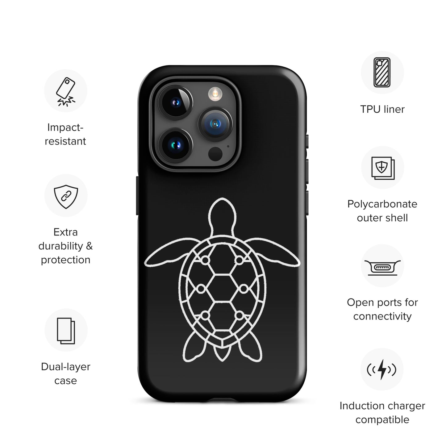 Minimalist sea turtle silhouette phone case for iPhone with geometric pattern, impact-resistant features, and dual-layer protection.
