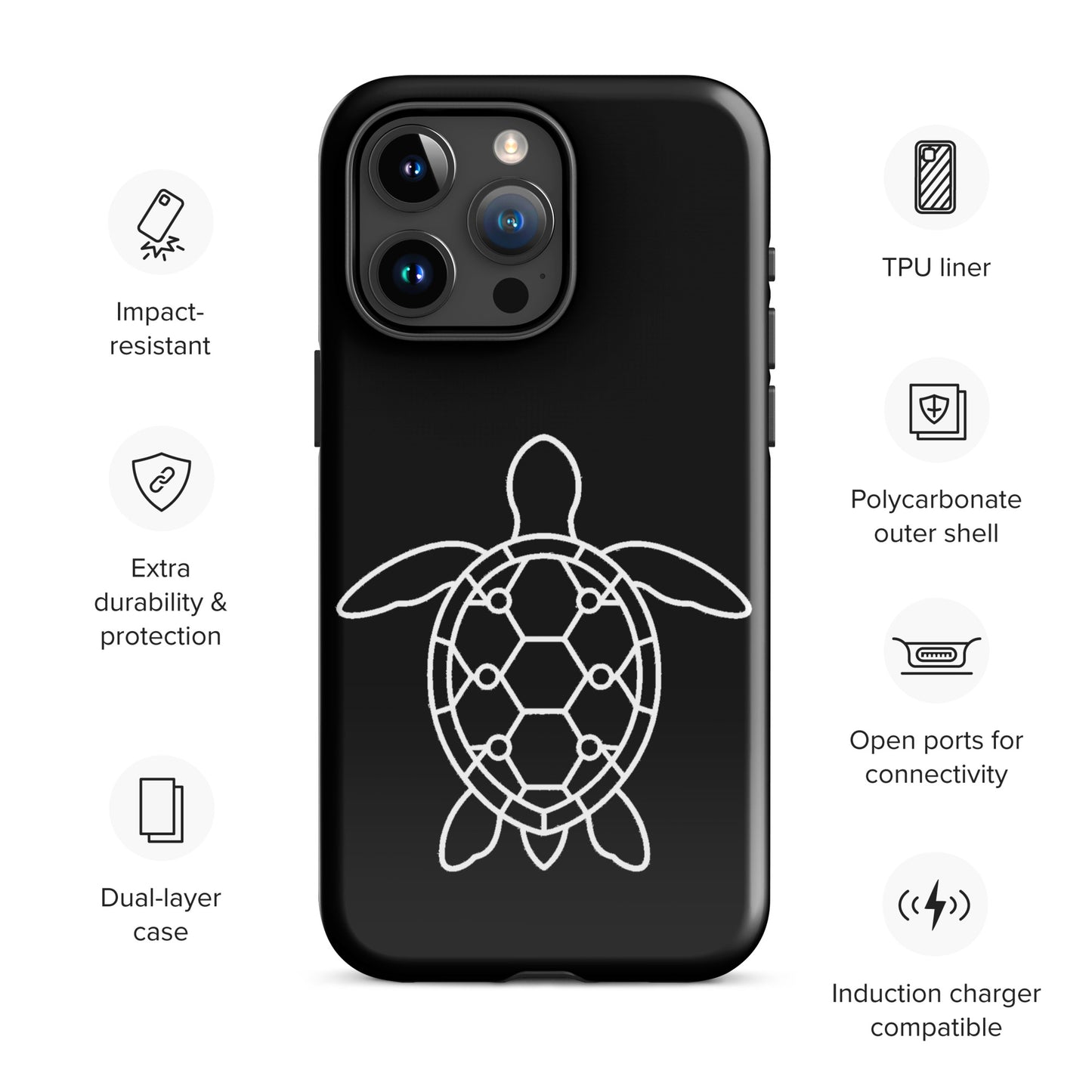 phone case with minimalist sea turtle silhouette design on black background